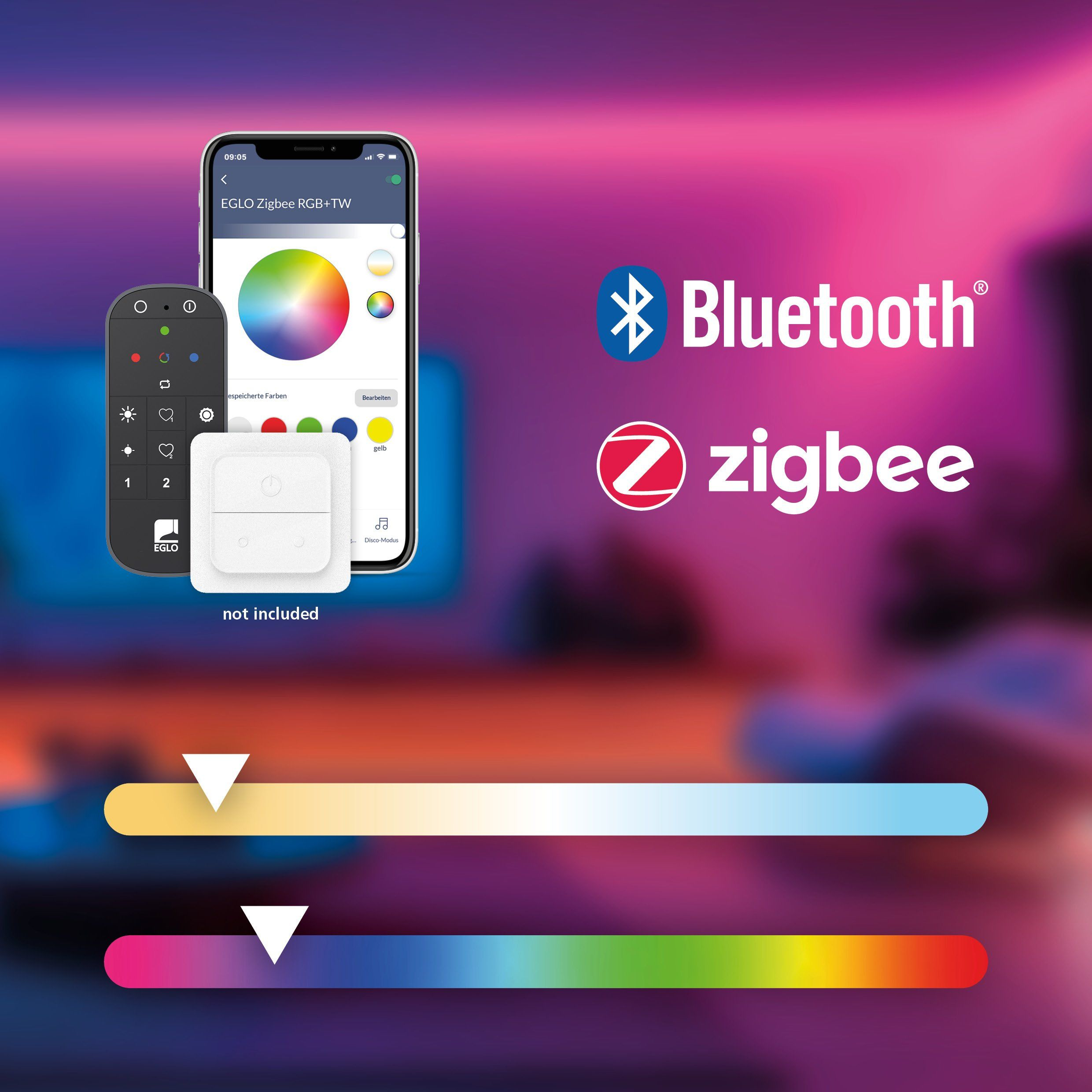 Ein Telefon zeigt ein Farbrad, eine Fernbedienung und einen weißen Controller. Bluetooth- und Zigbee-Logos sind rechts.