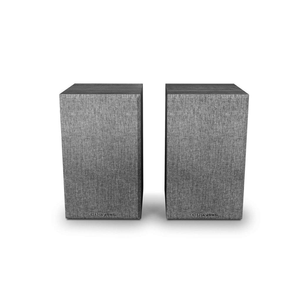 Due altoparlanti rivestiti in tessuto grigio affiancati su sfondo bianco. Il logo Energy Sistem è visibile.