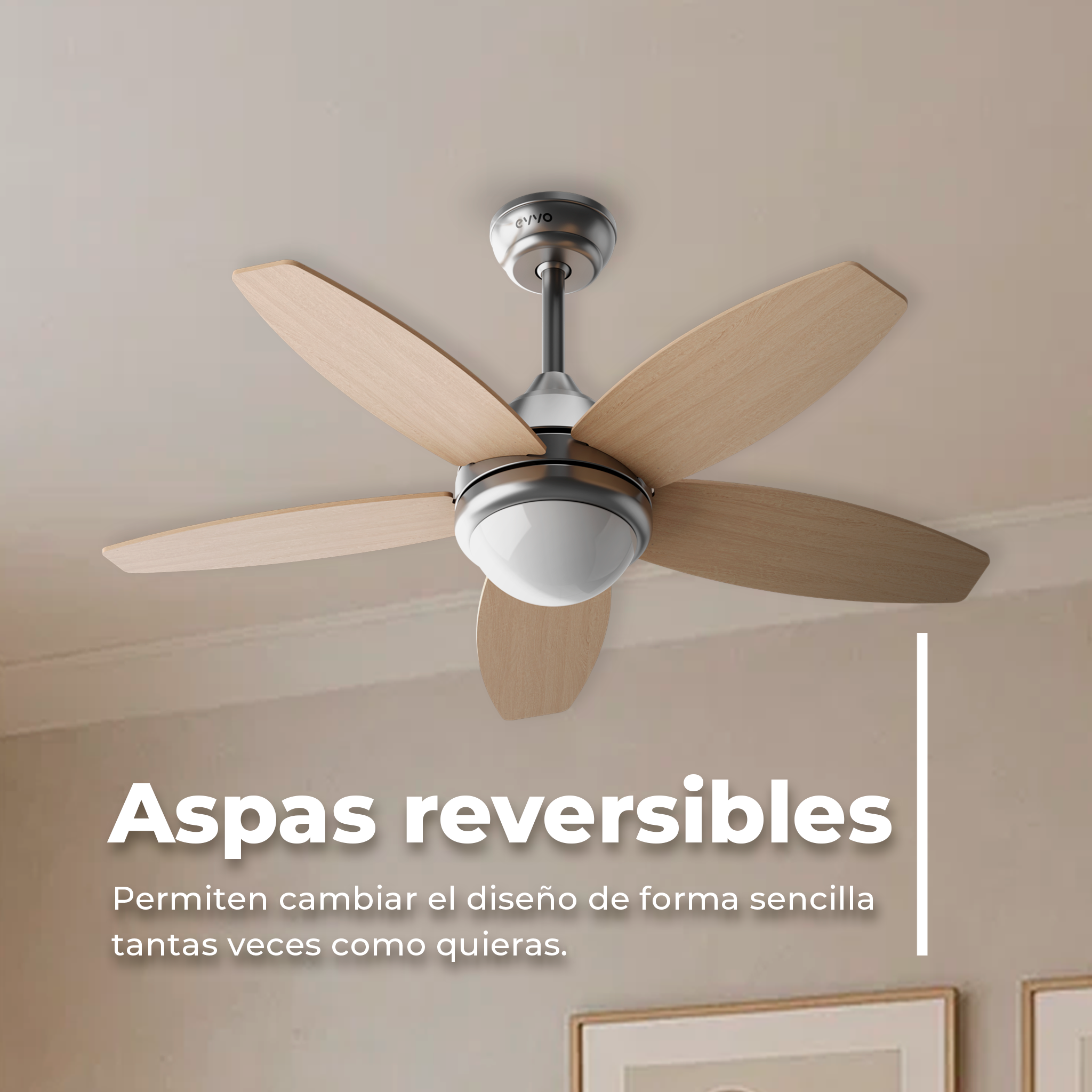Un ventilador de techo con aspas reversibles, con texto superpuesto en español sobre cambios de diseño.