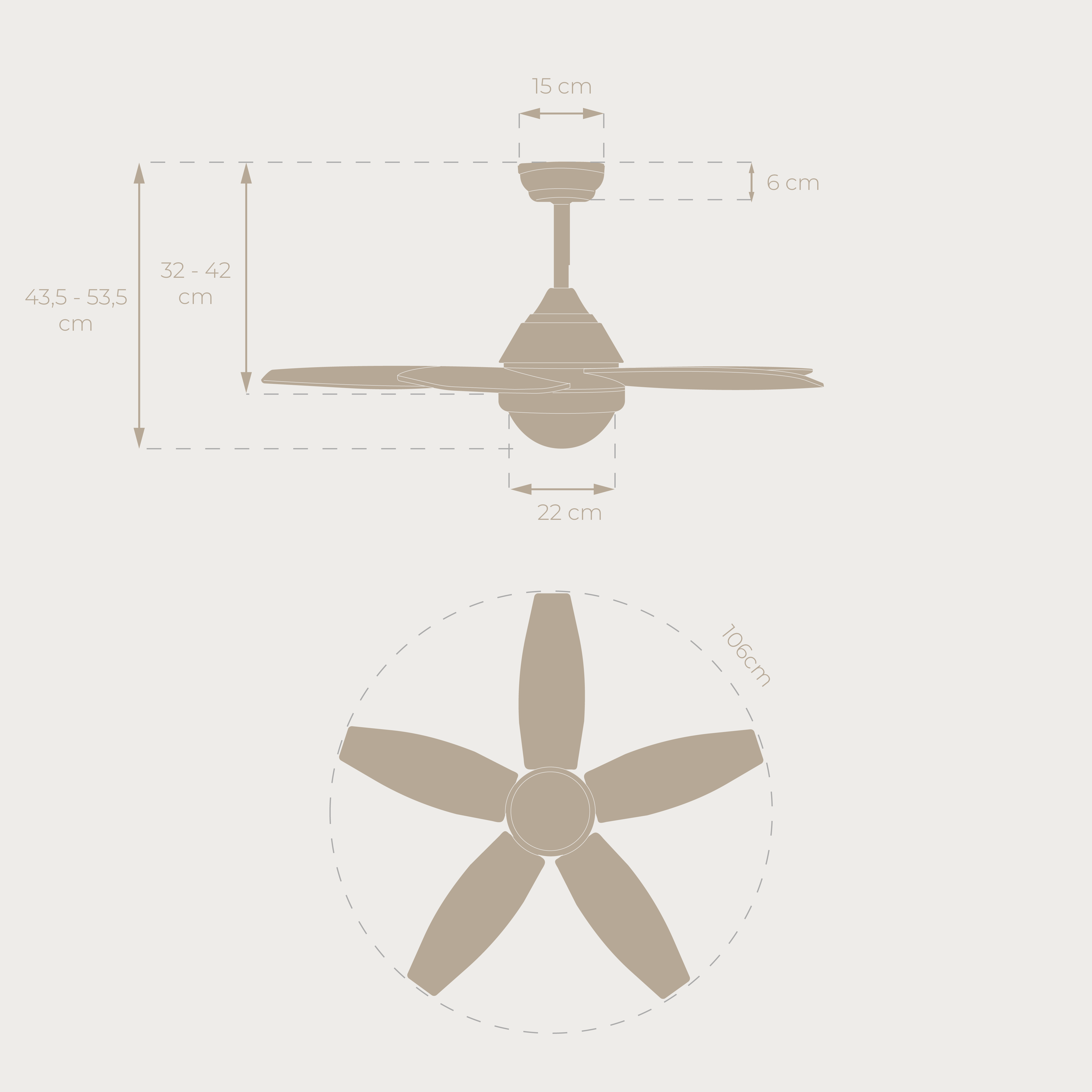 Diagrama de un ventilador de techo que muestra dimensiones y medidas. El ventilador se muestra desde dos ángulos.