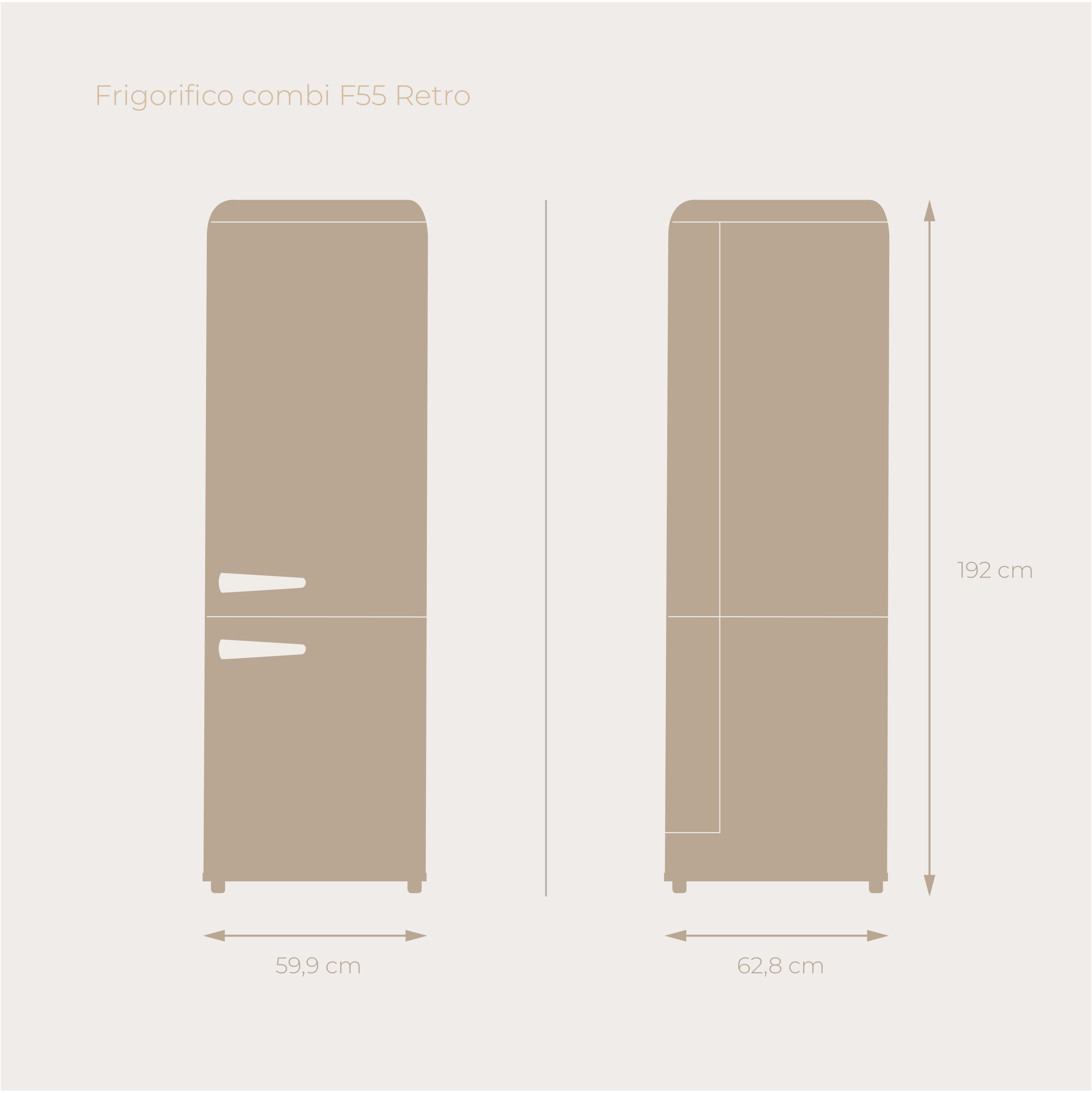 Diagrama de un refrigerador. Muestra dimensiones y medidas en centímetros.