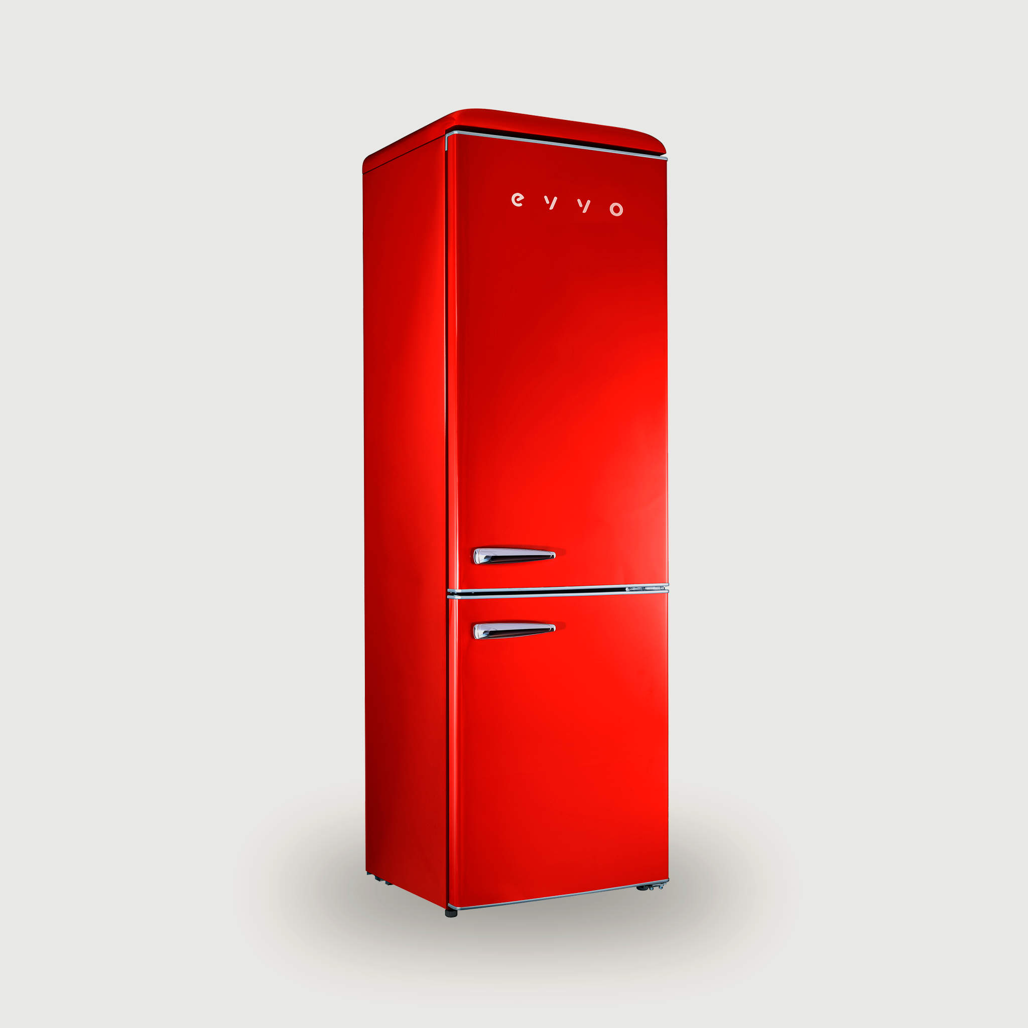 Frigorífico EVVO Retro rojo sobre fondo blanco. Tiene dos puertas y asas.