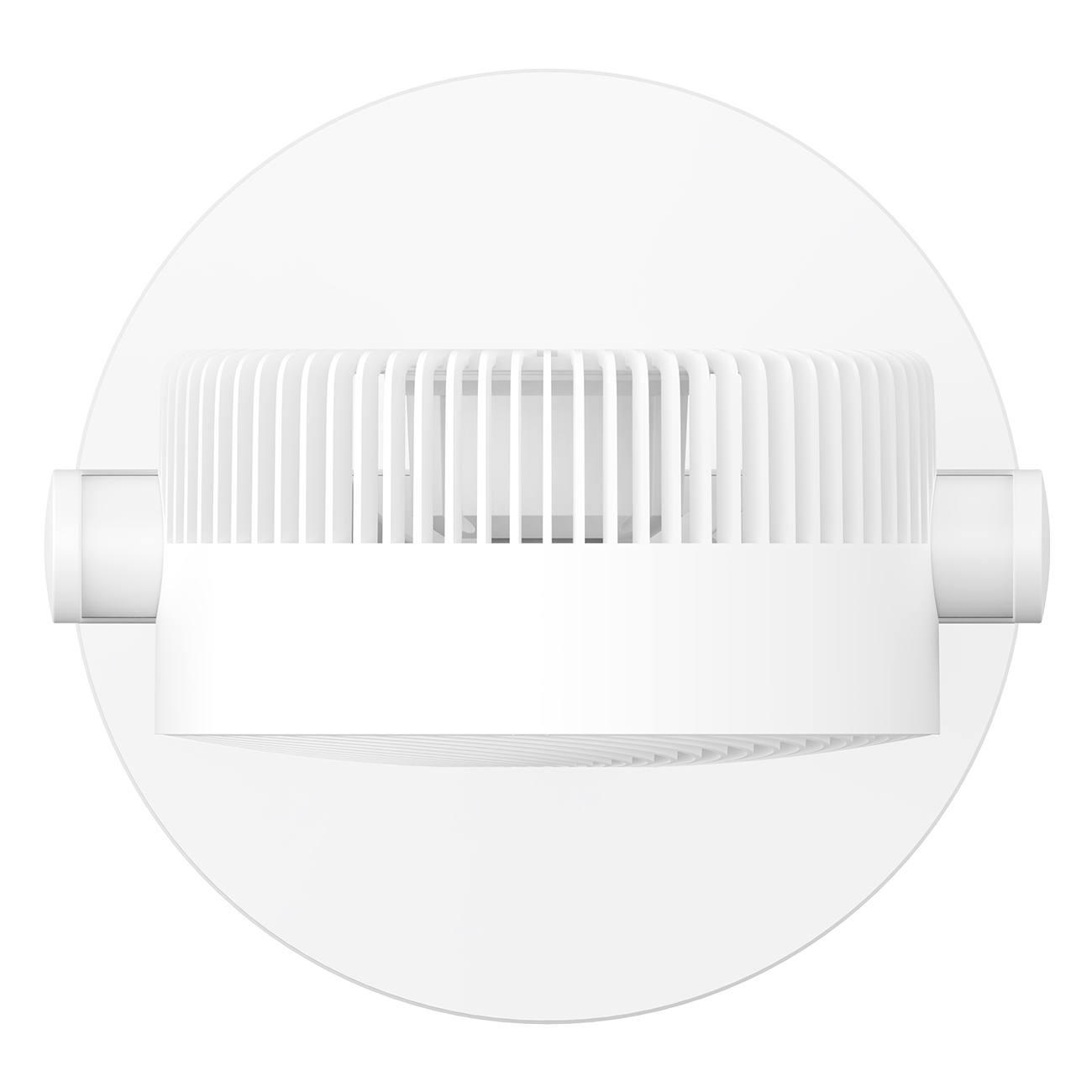 Biały wentylator sufitowy, widok z góry, z okrągłym designem i żebrowaną częścią środkową.