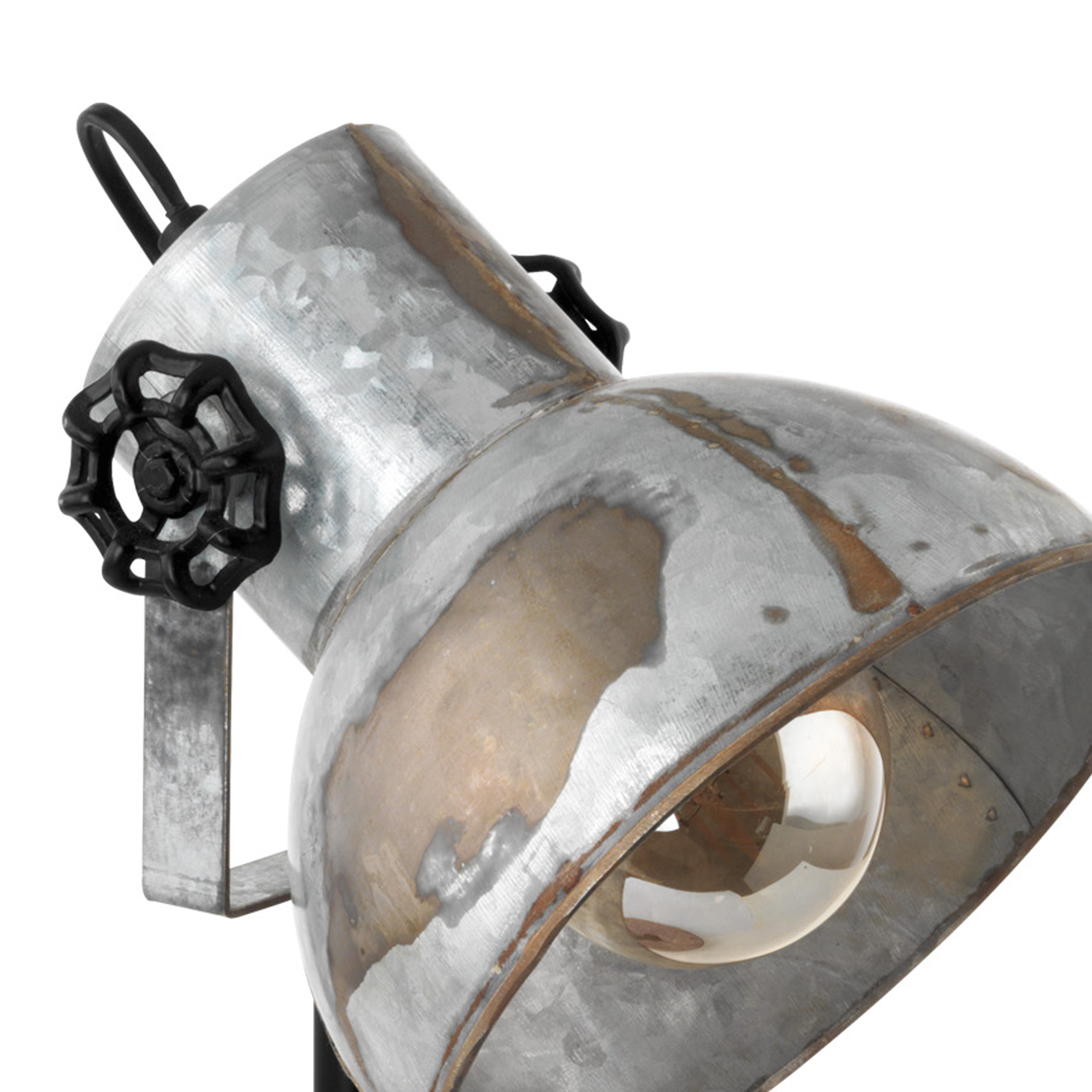 Nahaufnahme einer Metall-Schreibtischlampe mit abgenutztem Finish, verstellbarem Kopf.