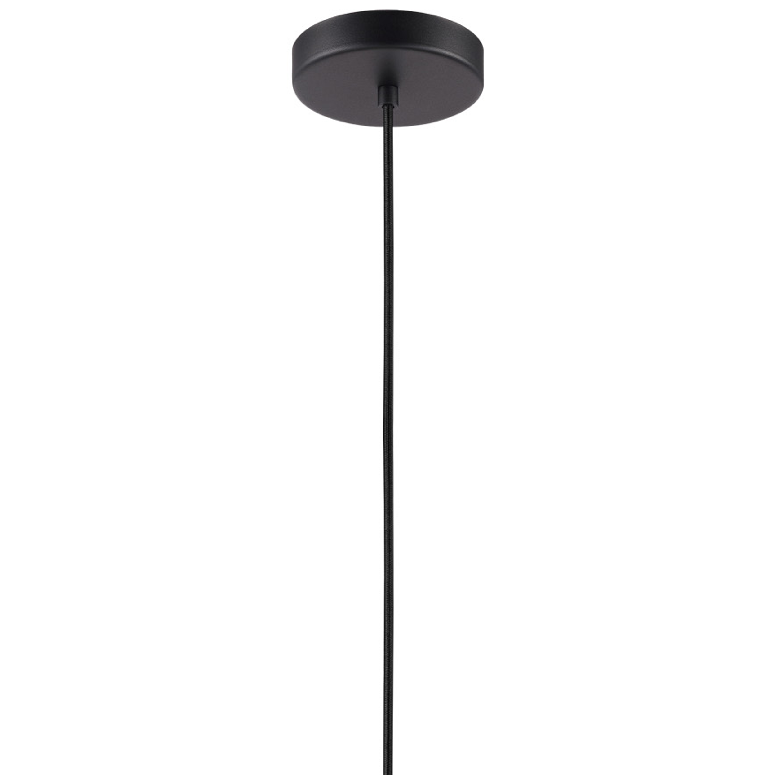 Eine schwarze Deckenleuchte mit rundem Sockel und einem dünnen schwarzen Draht, der nach unten verläuft.