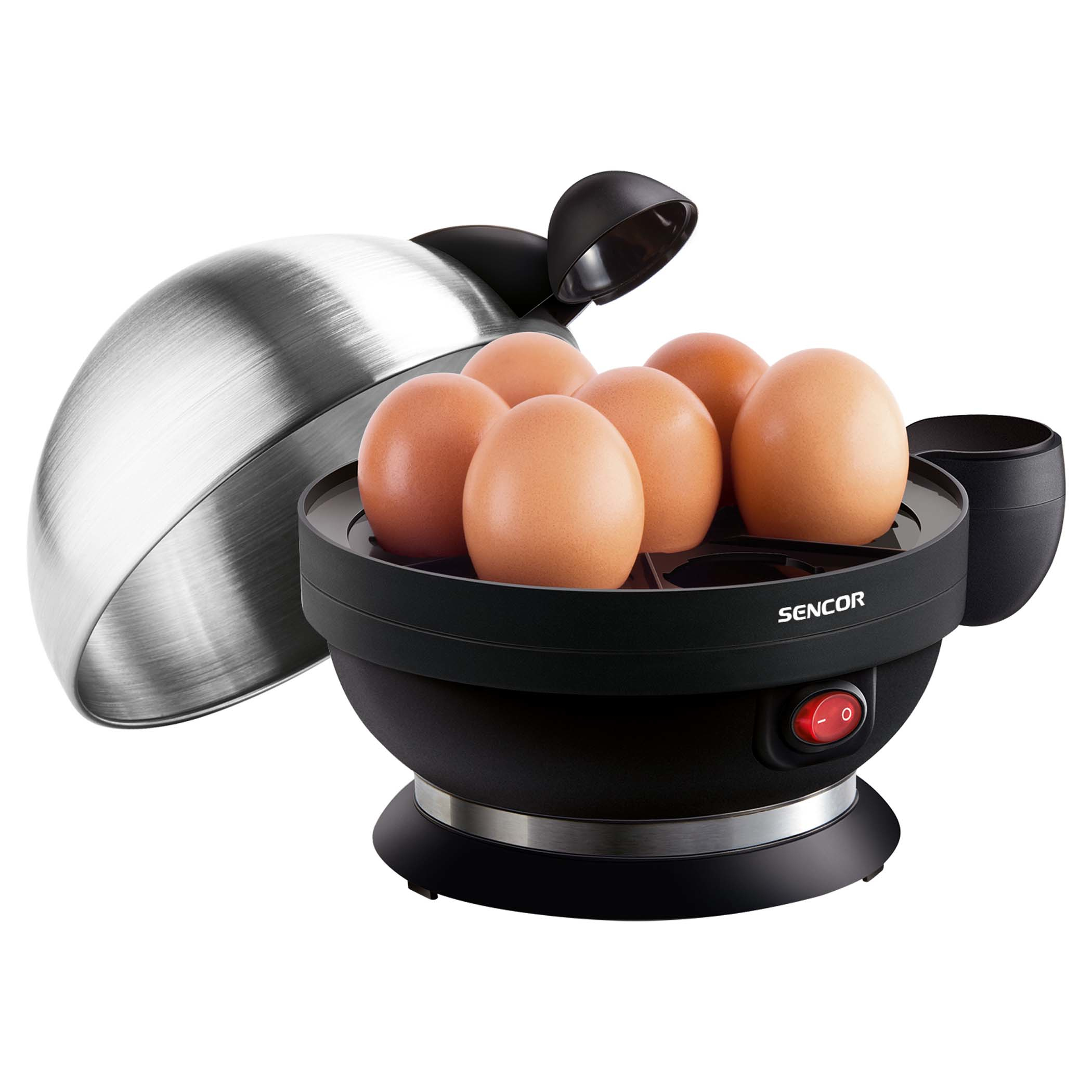 An egg boiler with eggs, lid, and a small cup. It's black and silver, with a red power button.