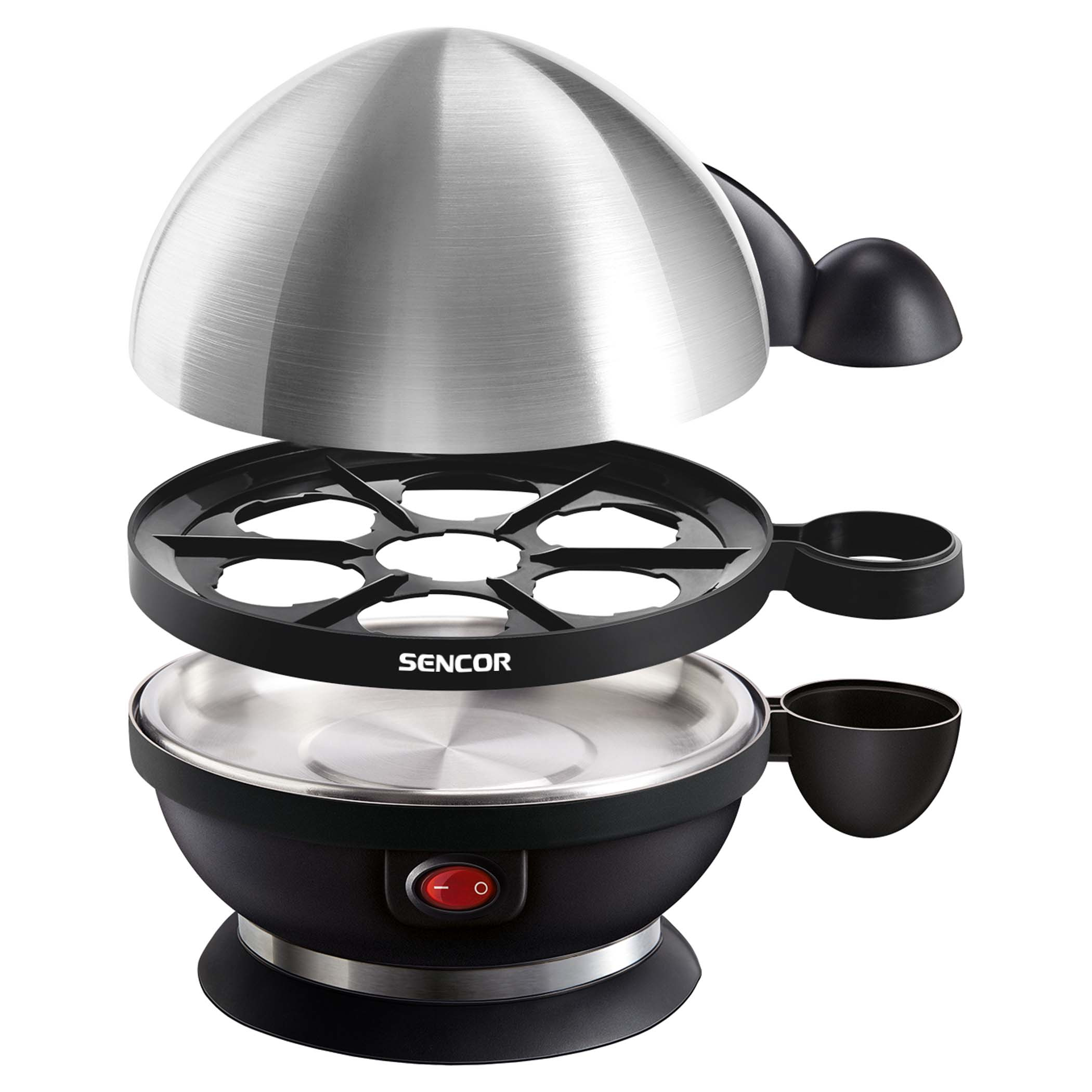 Egg cooker, disassembled. Shows lid, egg tray, and base. Black and silver colors.
