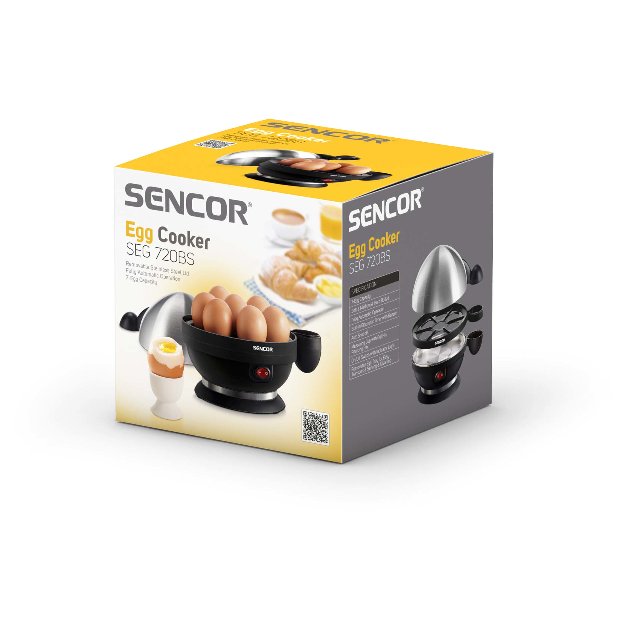 Box with a picture of an egg cooker and eggs. Box shows details of the egg cooker.