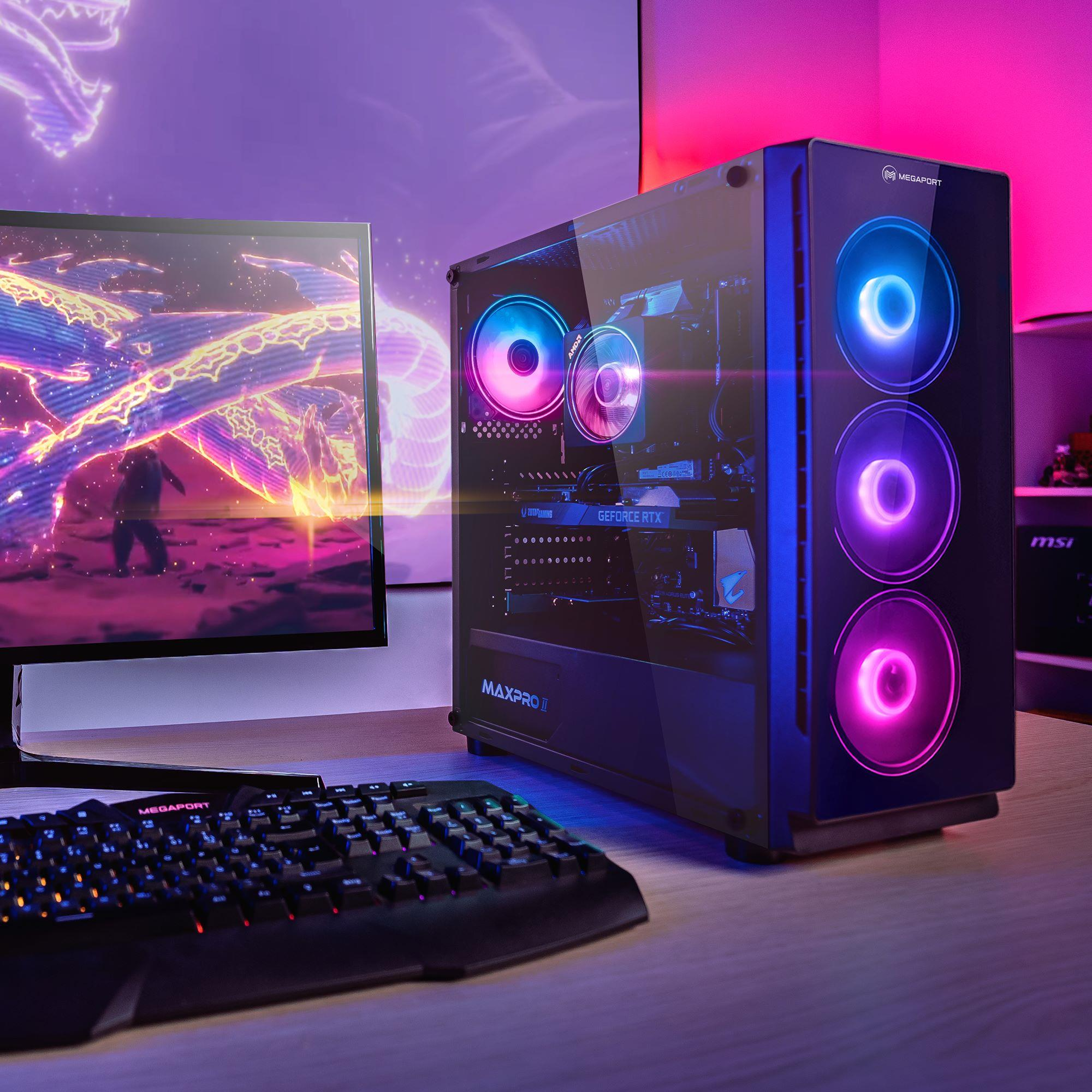 Gaming-PC-Setup: Tower mit RGB-Lüftern, Monitor mit Drachenanzeige und Tastatur.
