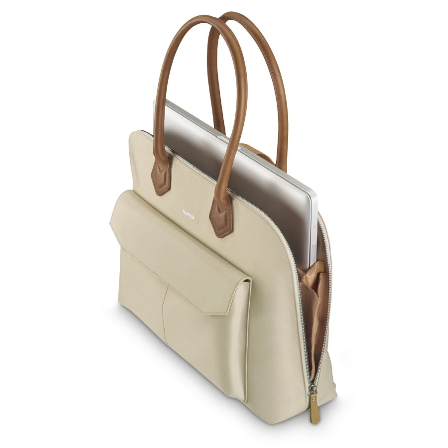 Das Innere einer beigefarbenen Tasche mit Gegenständen darin.