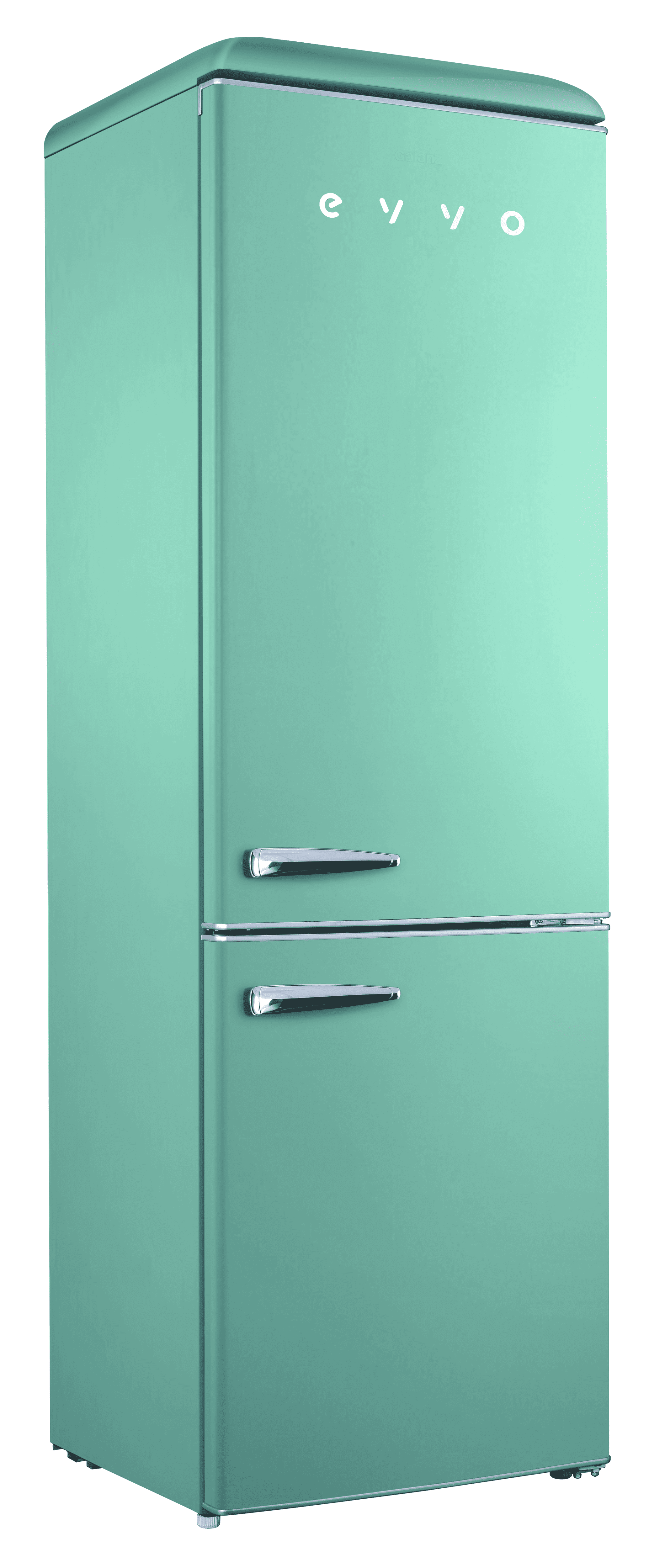 Una cocina con una nevera verde.