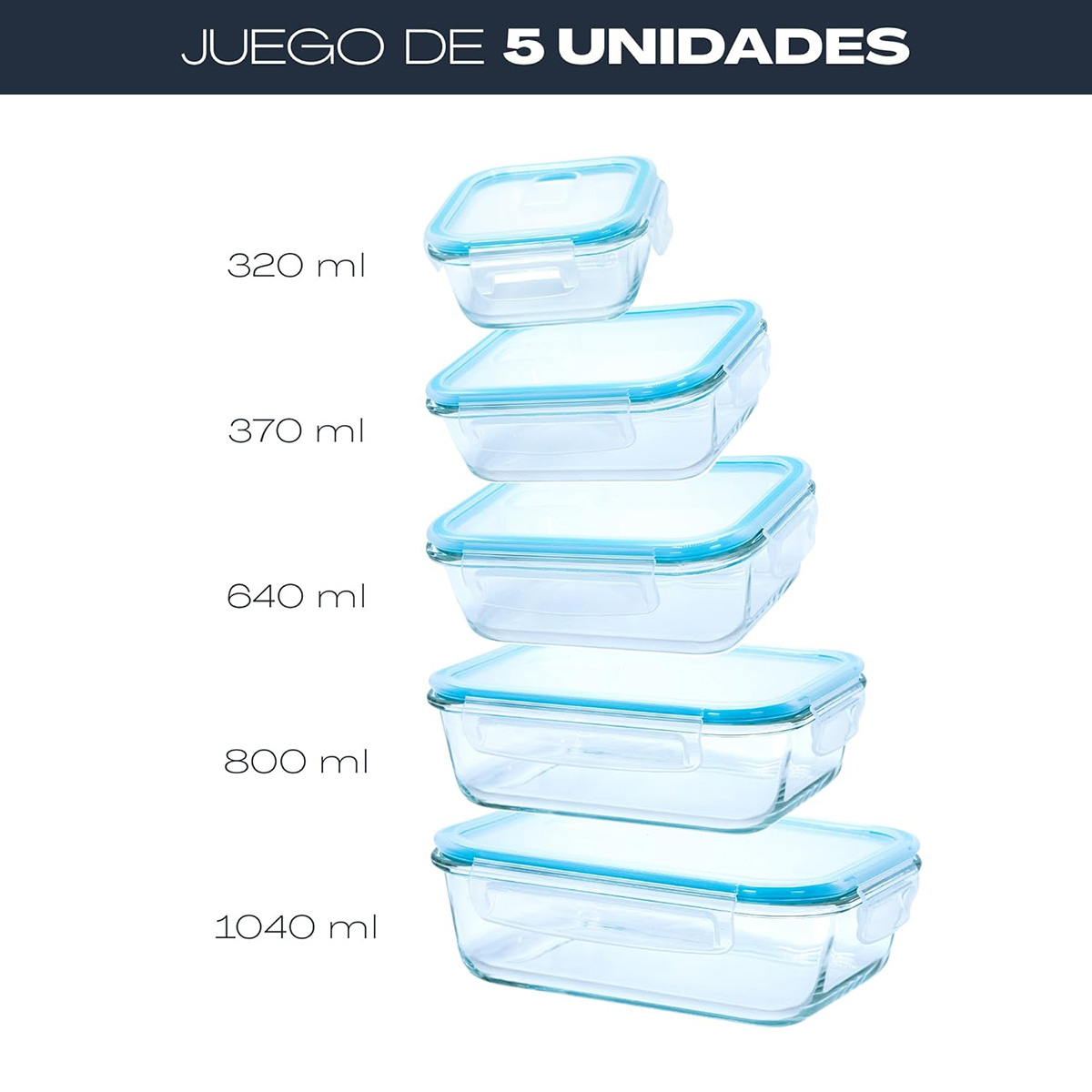 Cinco recipientes de vidrio con tapas azules, apilados, con medidas en ml. Fondo blanco.