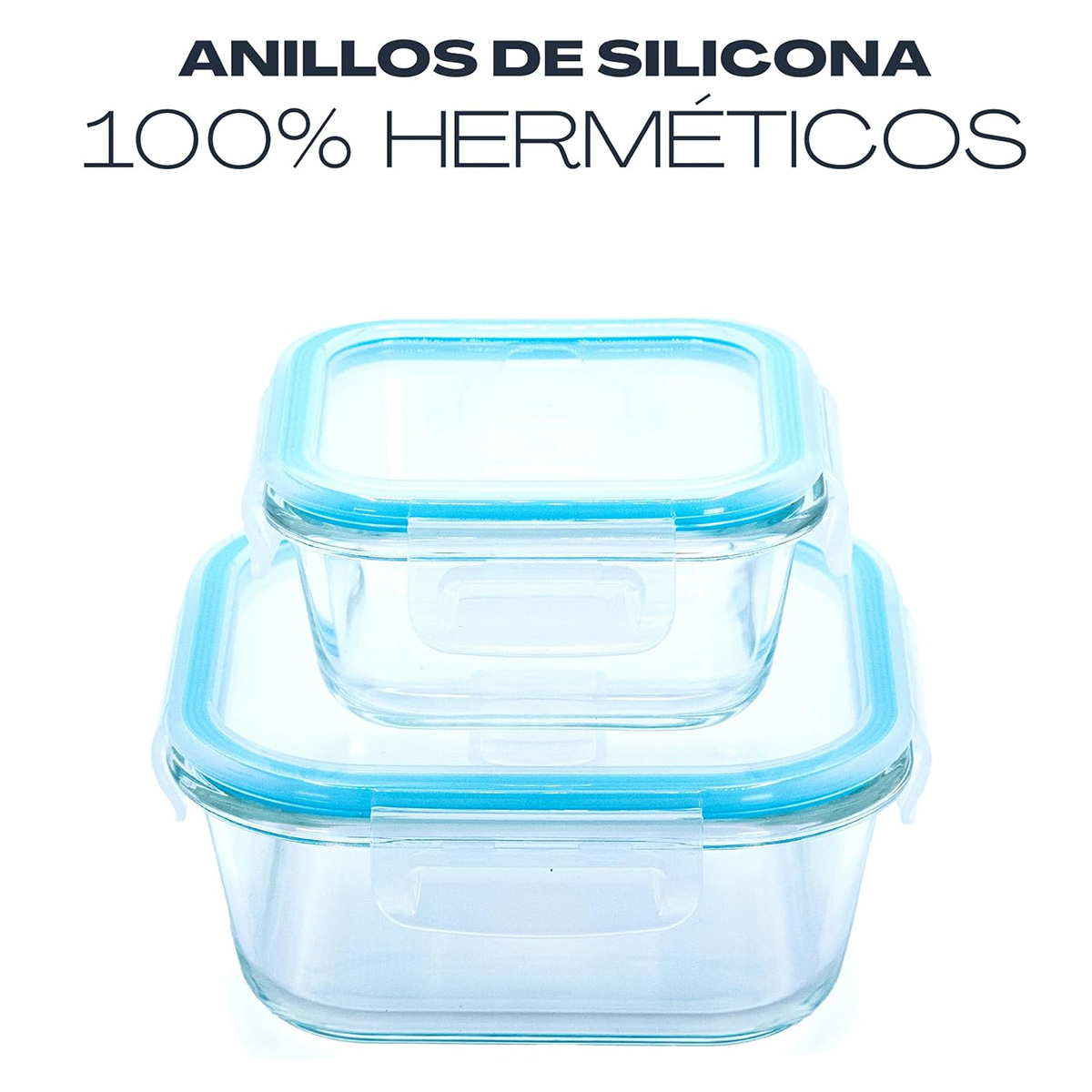 Dos recipientes de vidrio transparente con tapas azules, apilados. Texto: 'ANILLOS DE SILICONA 100% HERMÉTICOS'.