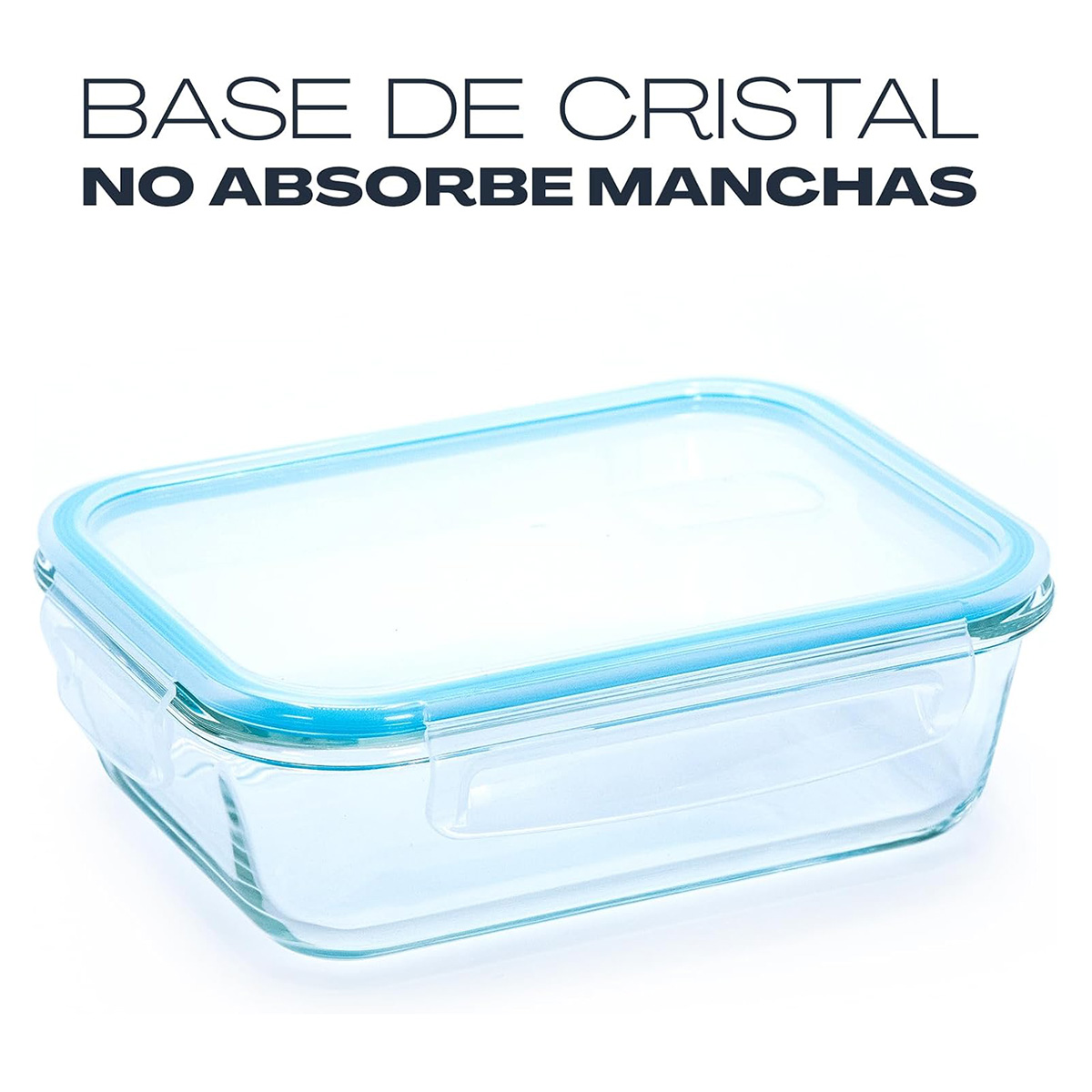 Recipiente de vidrio rectangular transparente con tapa azul. Texto: 'BASE DE CRISTAL NO ABSORBE MANCHAS'.