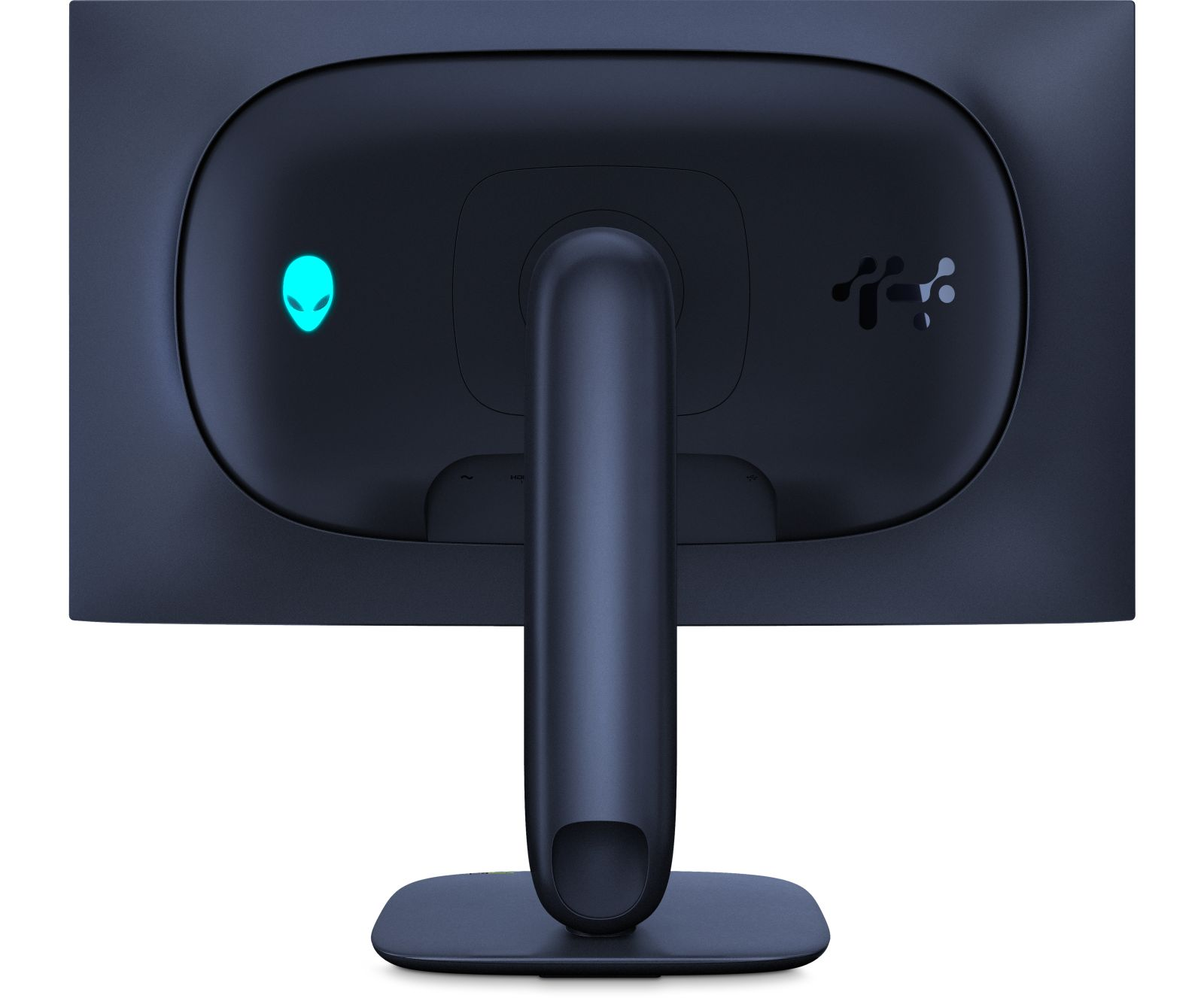 Tył ciemnoniebieskiego monitora komputera ze stojakiem. Widoczne logo Alienware i porty.