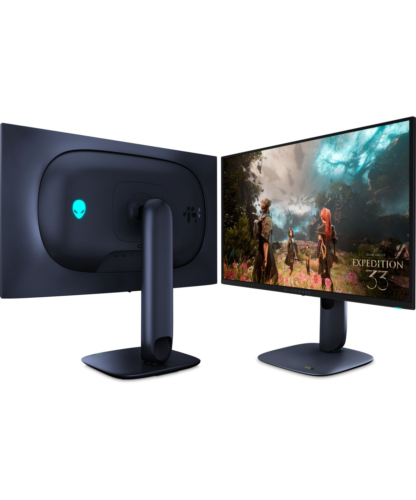 Czarny monitor Alienware jest wyświetlany z tyłu i z przodu, prezentując jego elegancki wygląd i żywy ekran.