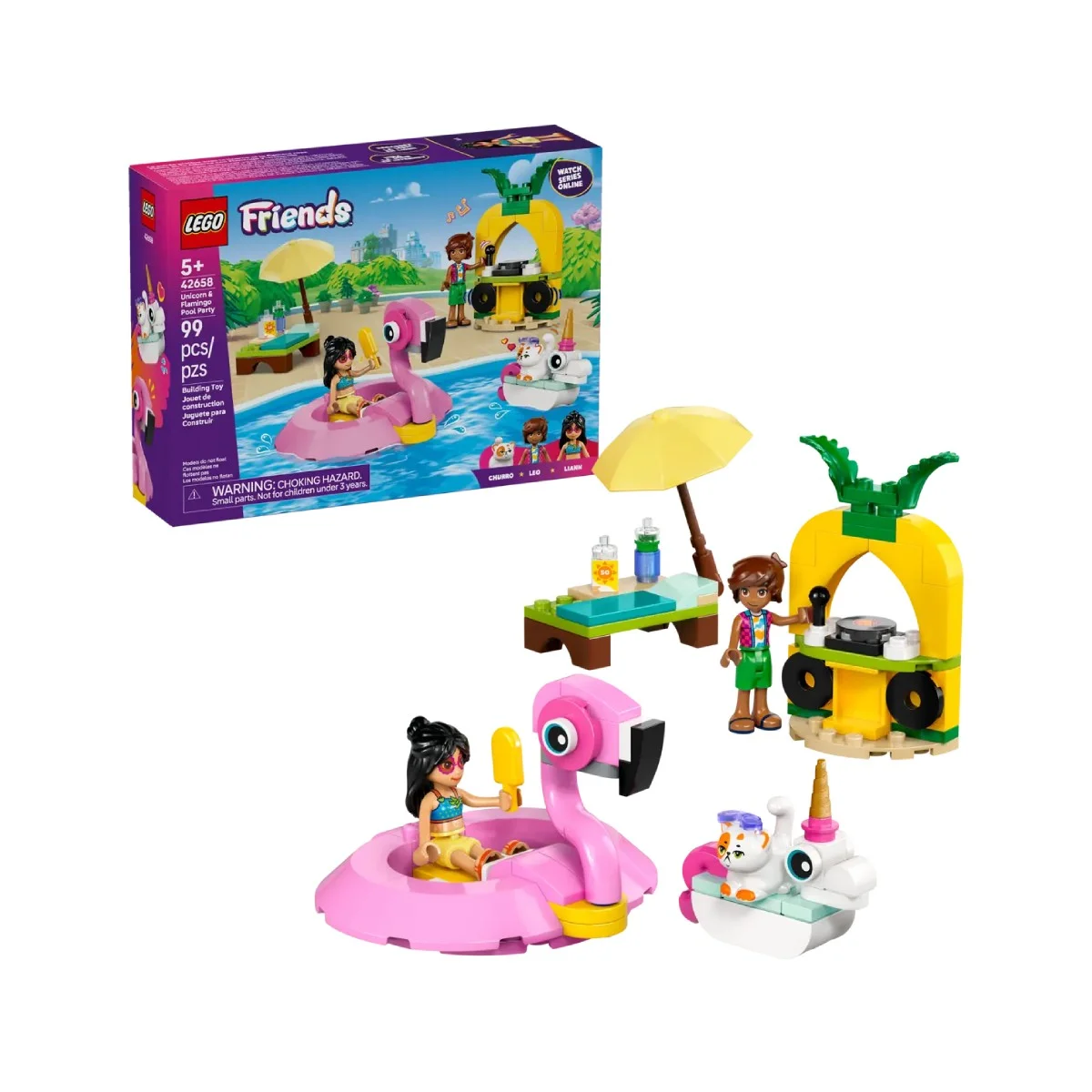 Zestaw Lego Friends z różowym flamingiem, ludźmi i małą wyspą z barem.