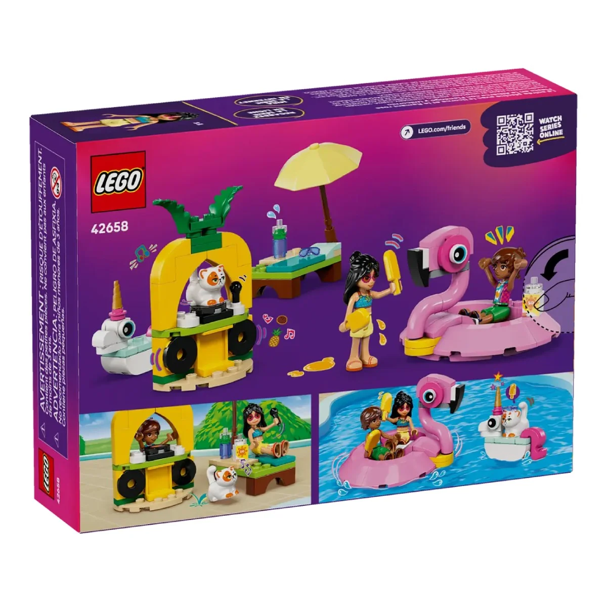 Pudełko Lego przedstawiające różne sceny z dziewczynami, kotem i pływakiem z flamingiem. Obecny jest żółty parasol.