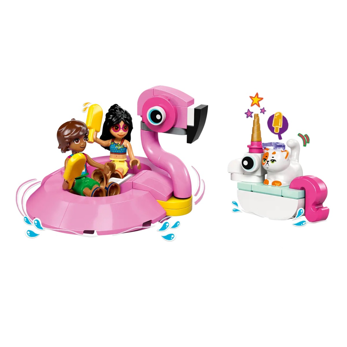 Dwie dziewczyny na różowym pływaku z flamingiem i kot na białym i różowym pływaku. Pokazano kilka lodów na patyku i gwiazd.