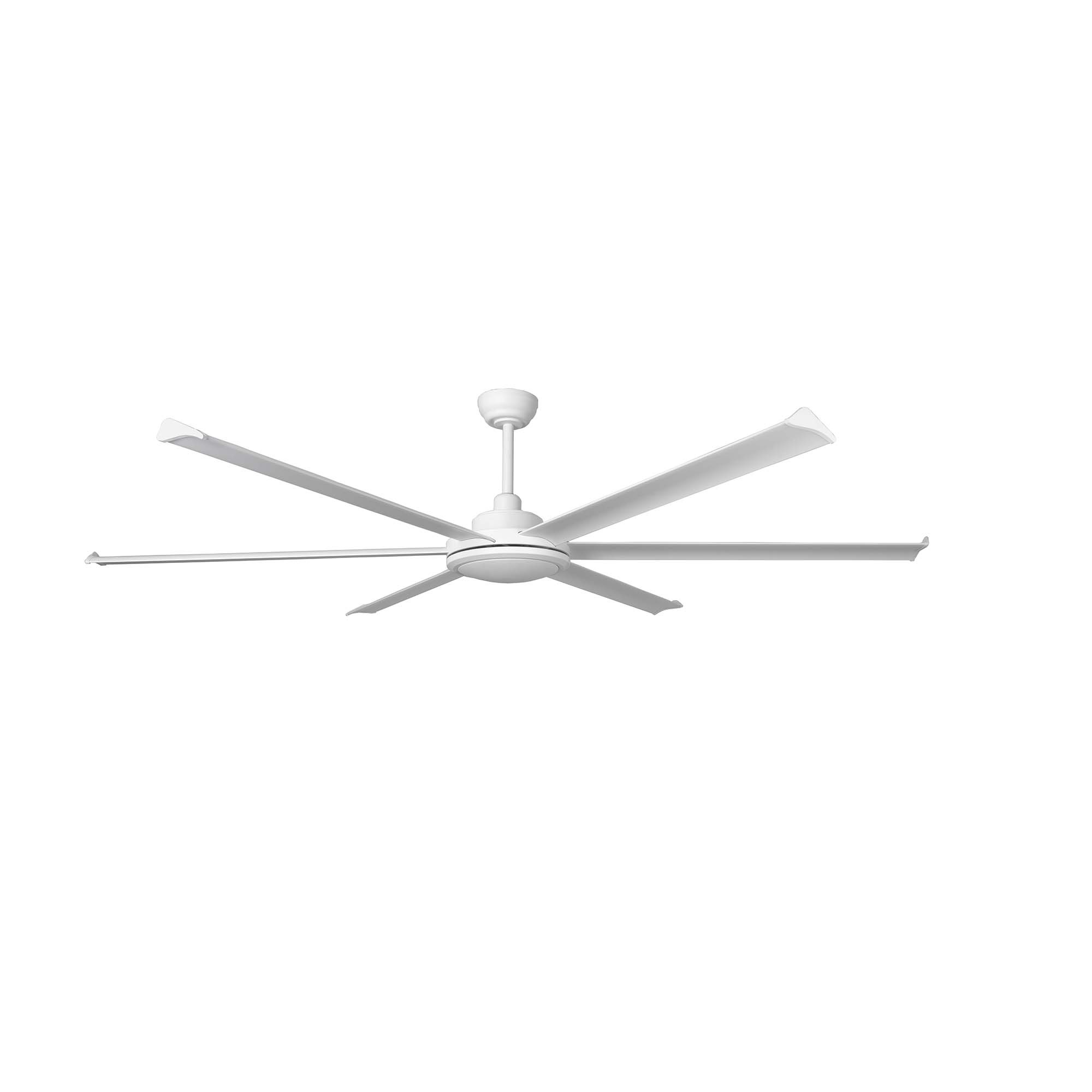 Ventilatore da soffitto bianco con sei pale su sfondo bianco.