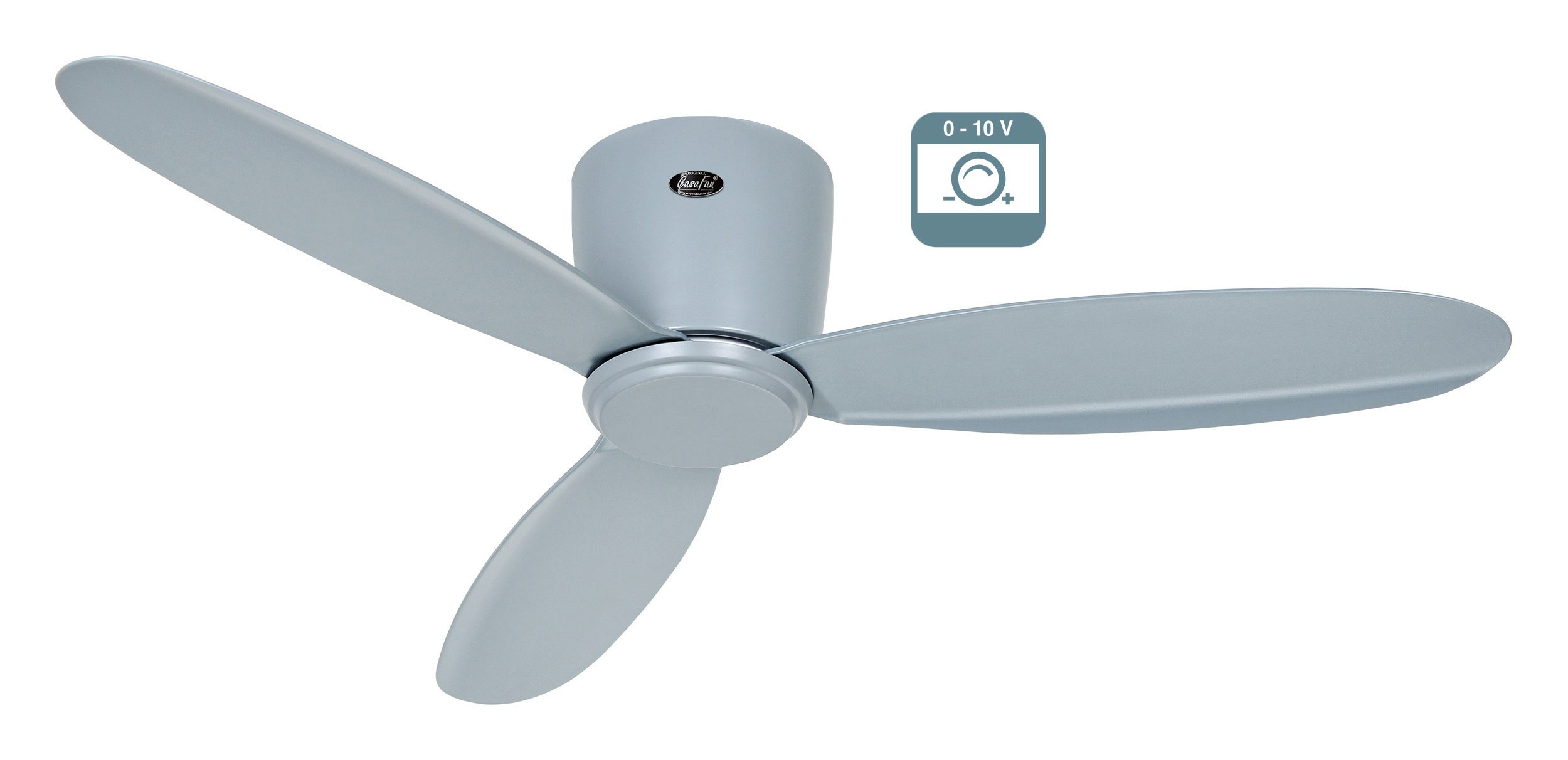 Ventilatore da soffitto azzurro con tre pale. Icona 0-10 V. Sfondo bianco.