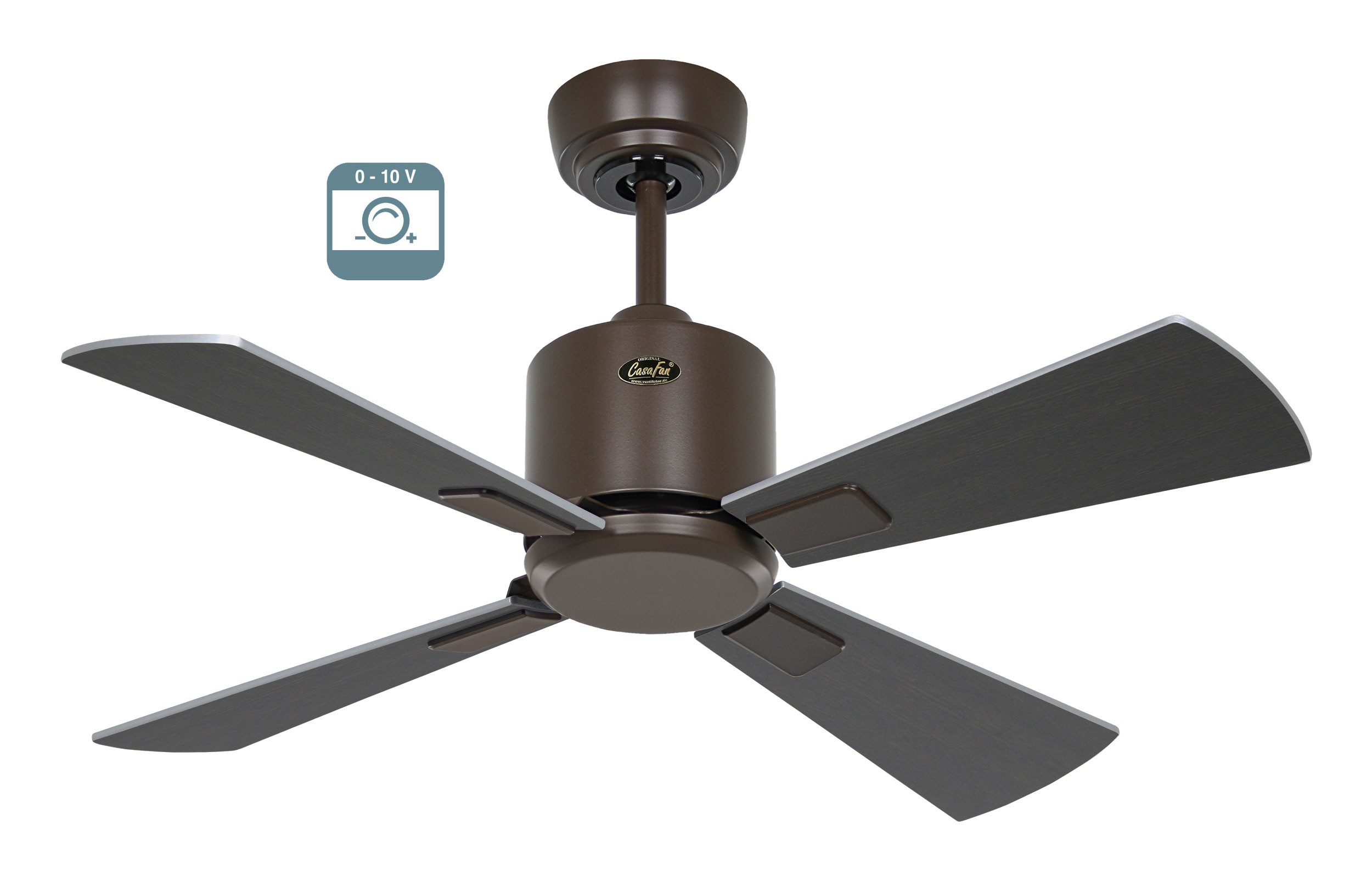 Ventilatore da soffitto marrone con quattro pale grigio scuro. È visibile una piccola icona. Il ventilatore ha un alloggiamento motore marrone.