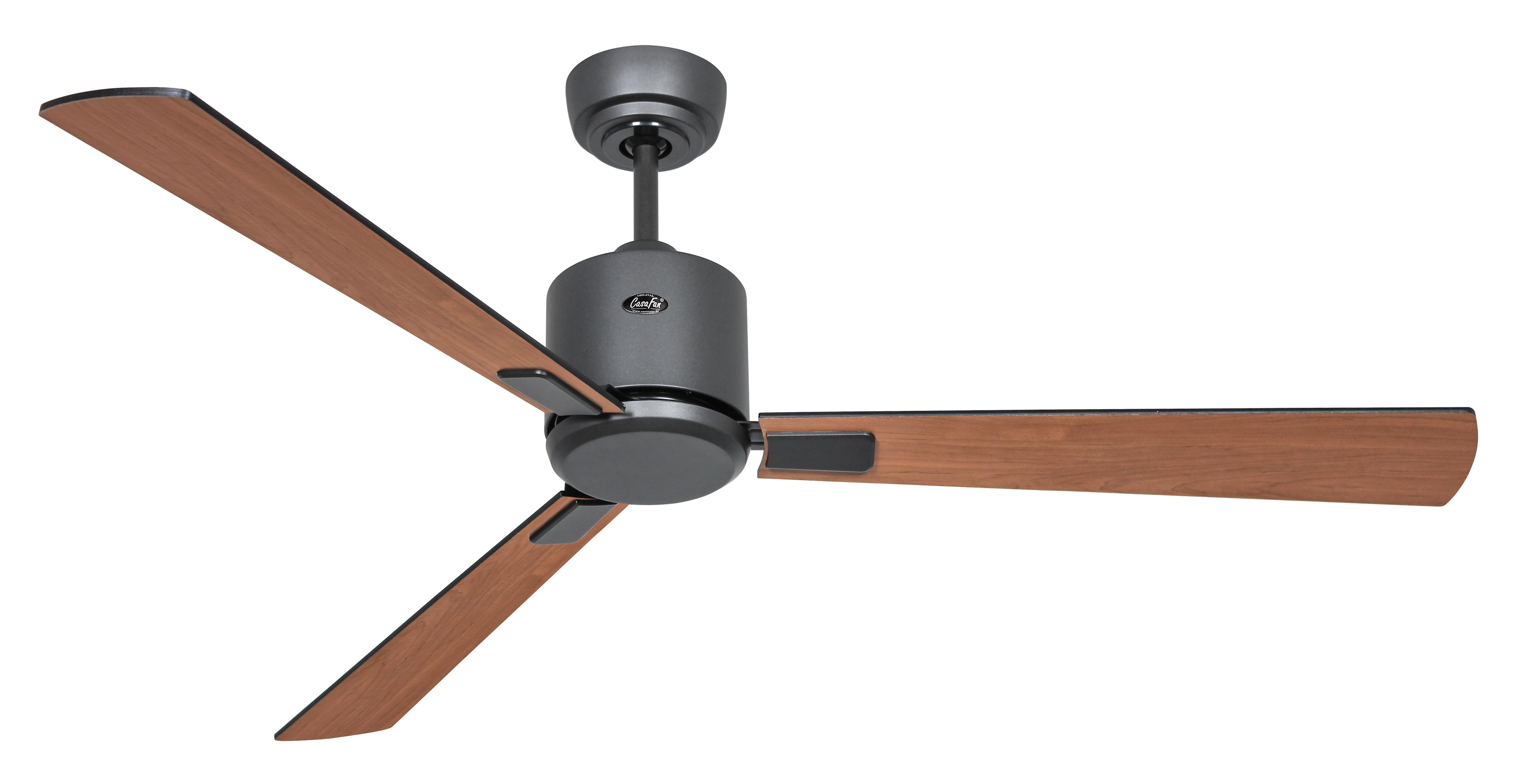 Un ventilatore da soffitto nero con tre pale marroni, un alloggiamento motore nero e uno sfondo bianco.