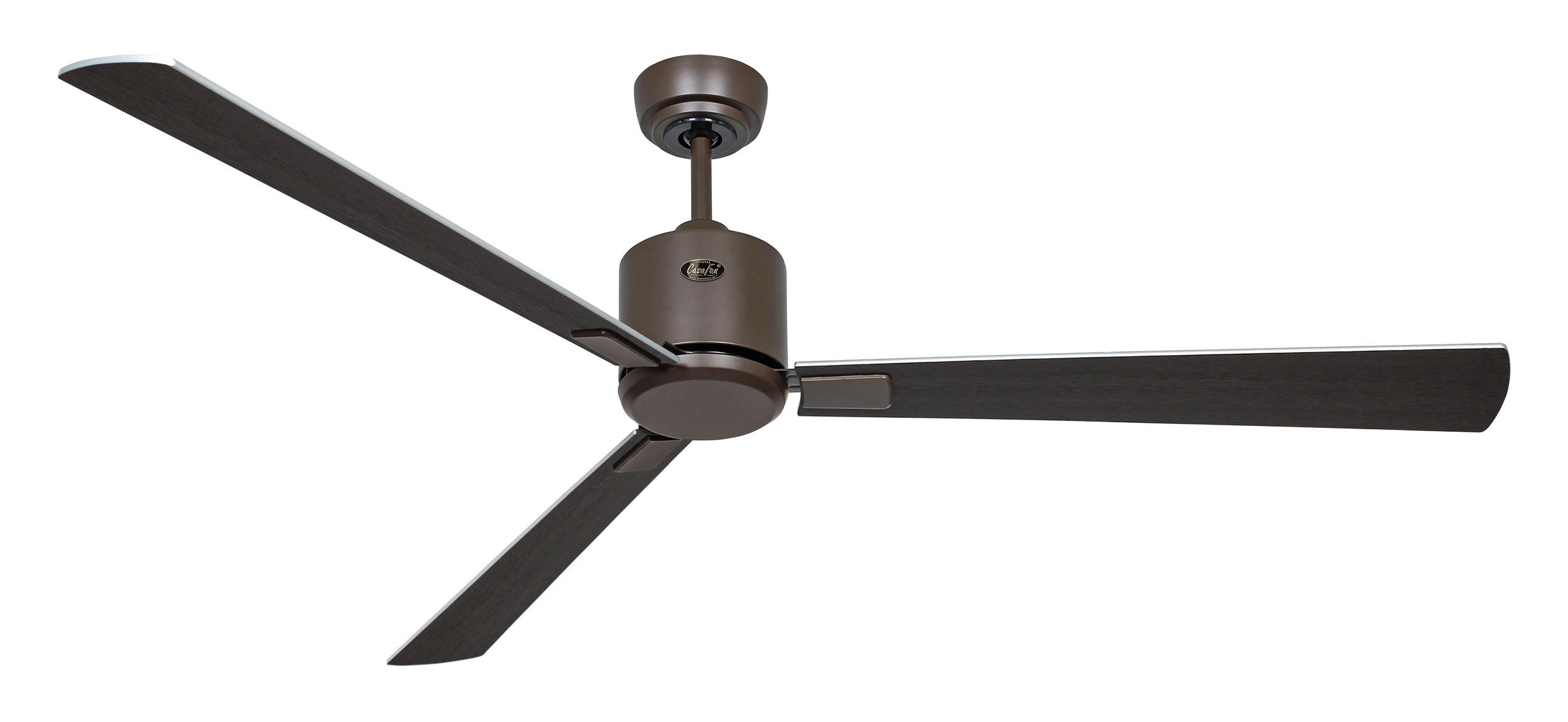 Un ventilatore da soffitto marrone con tre pale marroni.