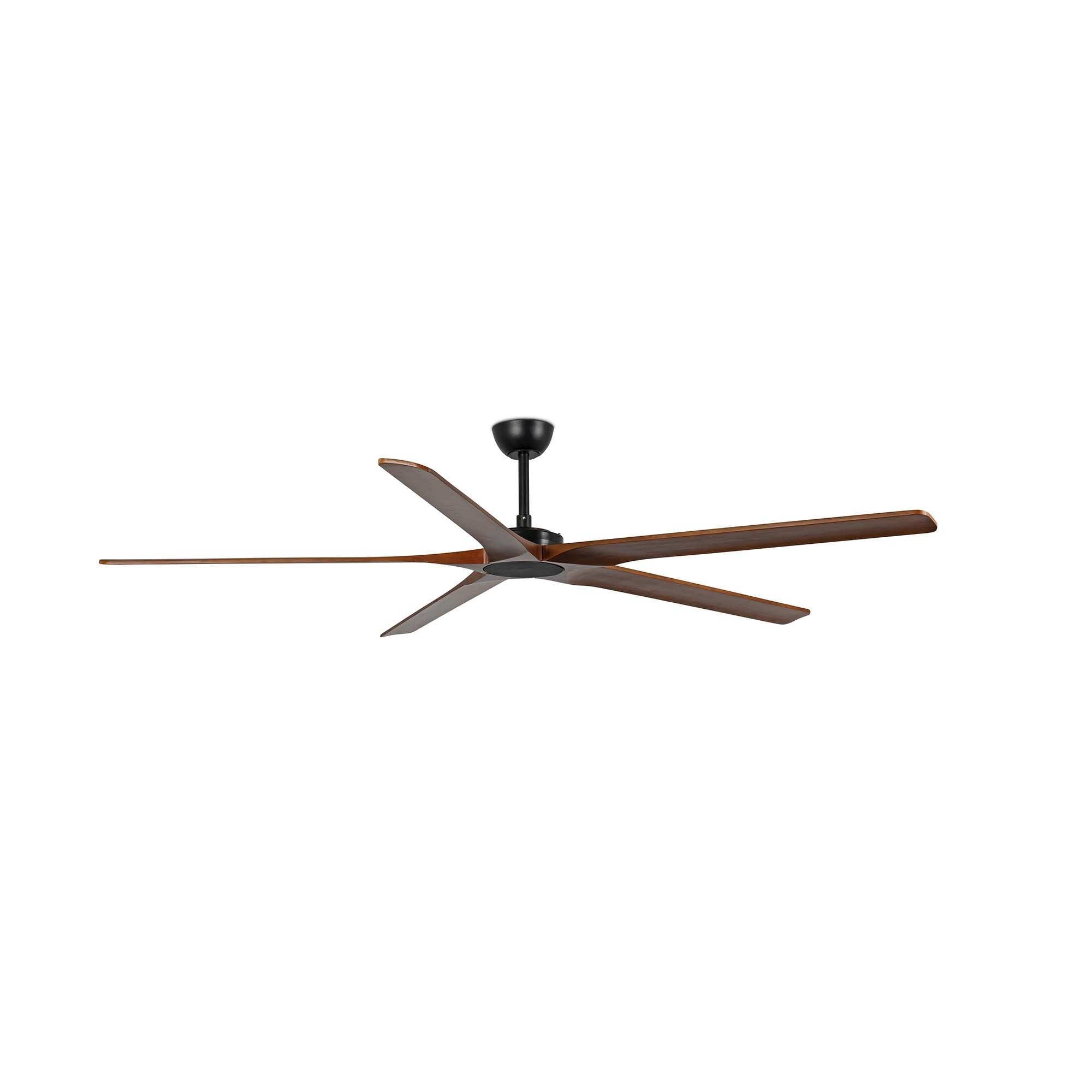 Un ventilatore da soffitto nero con cinque pale marrone scuro.