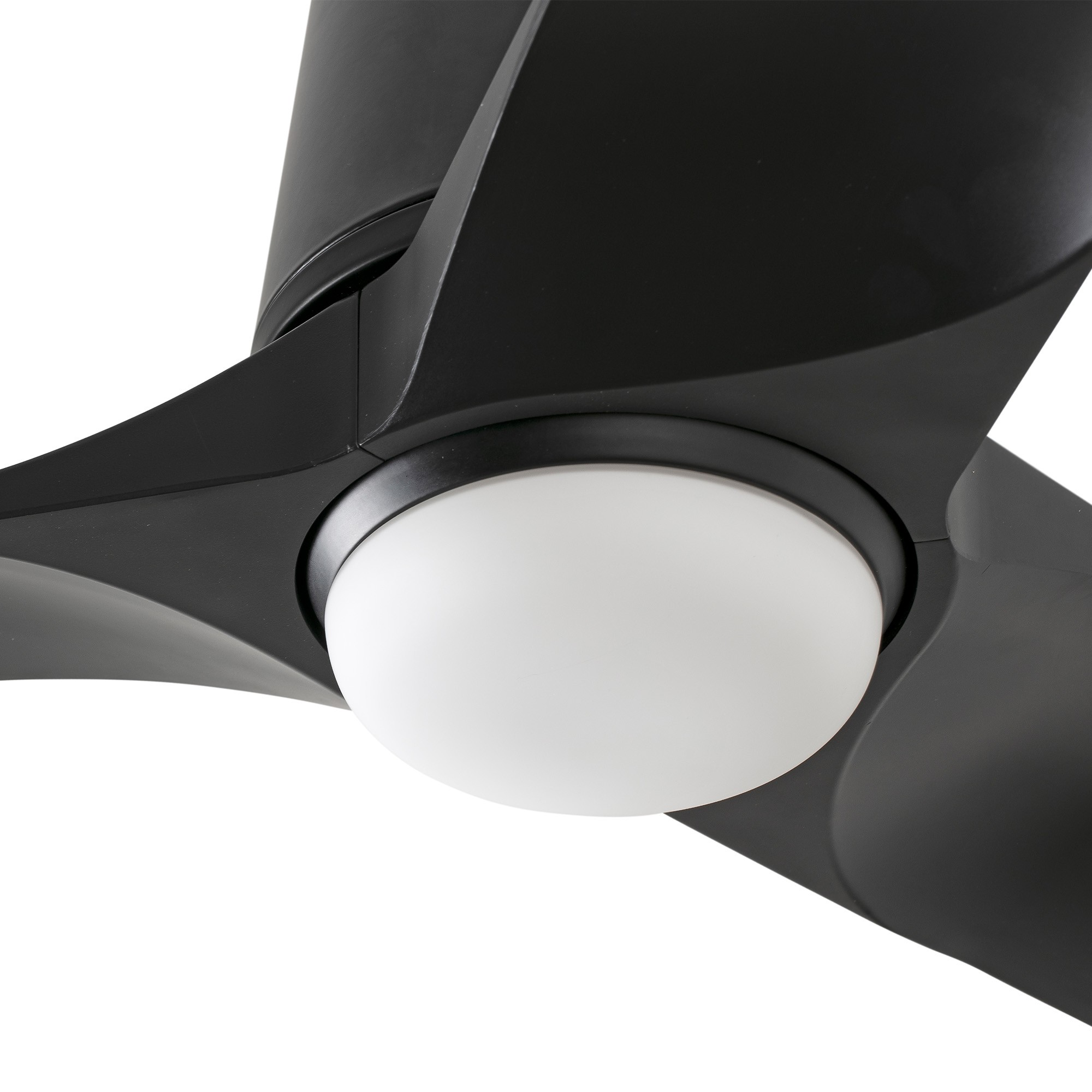 Un ventilatore da soffitto nero con luce bianca centrale e pale nere, su sfondo bianco.