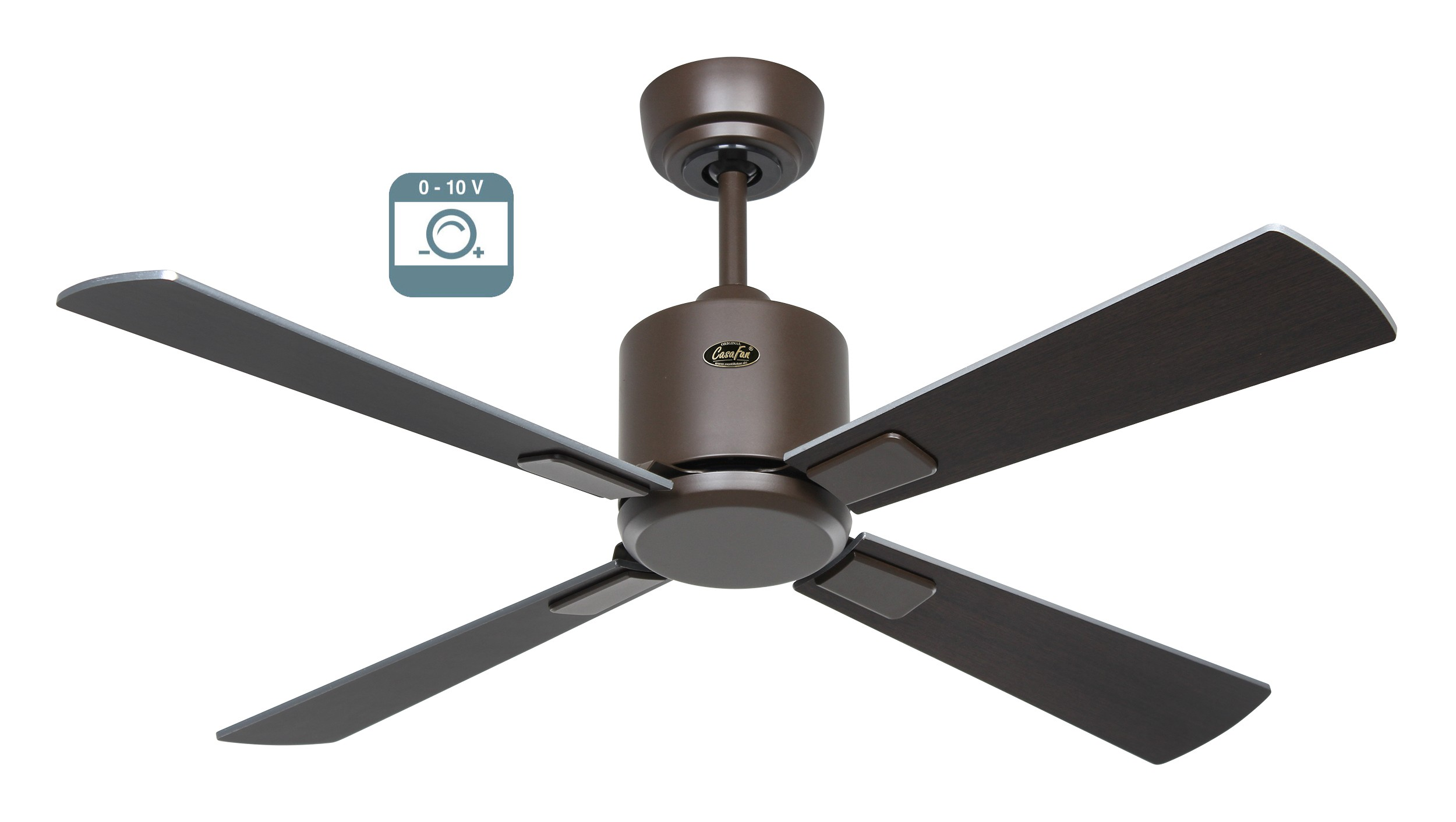 Ventilatore da soffitto marrone con quattro pale. Icona pannello di controllo visibile.