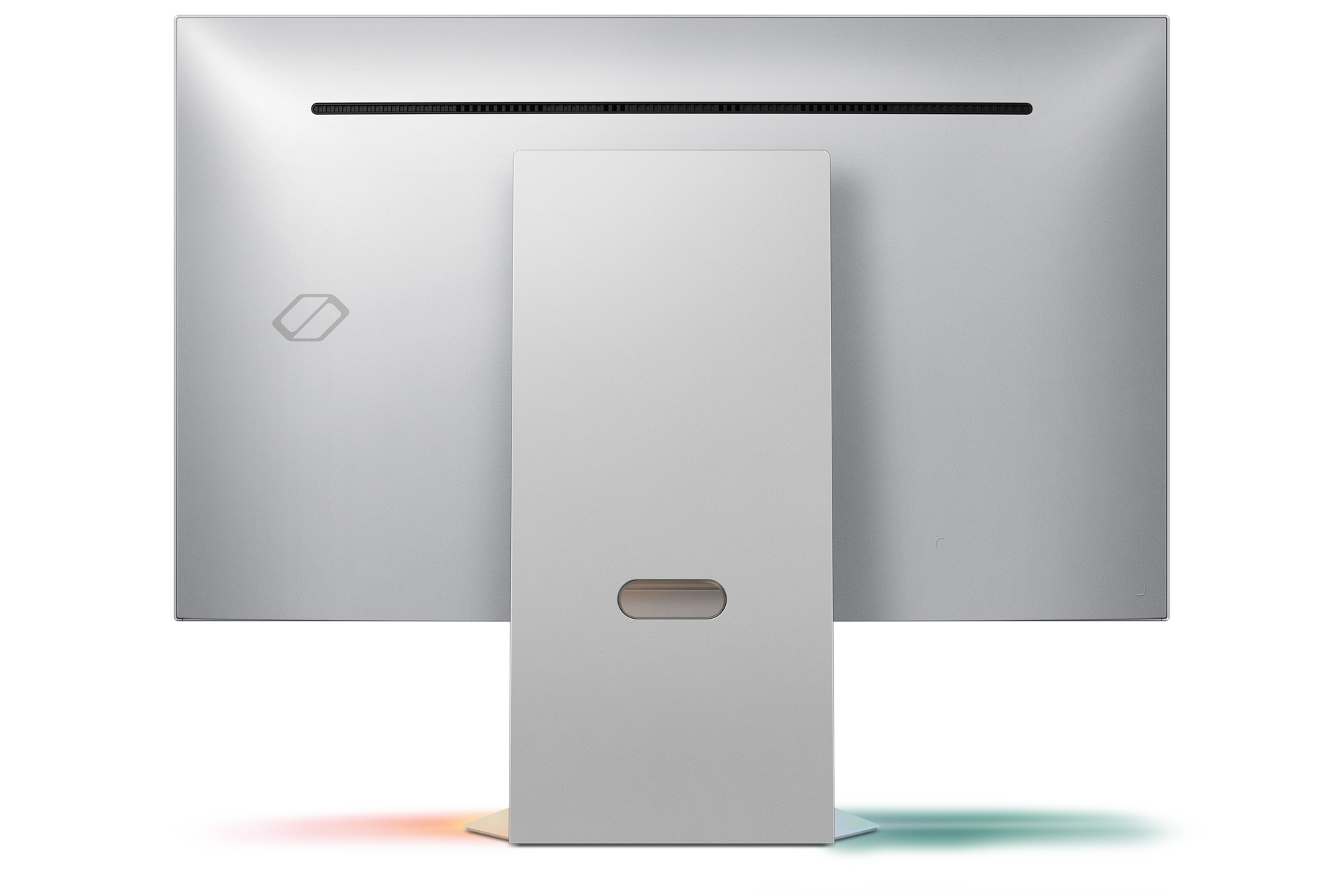 Tył srebrnego monitora. Centralna podstawa, z logo i portem. Czarne tło z subtelnym gradientem tęczy.