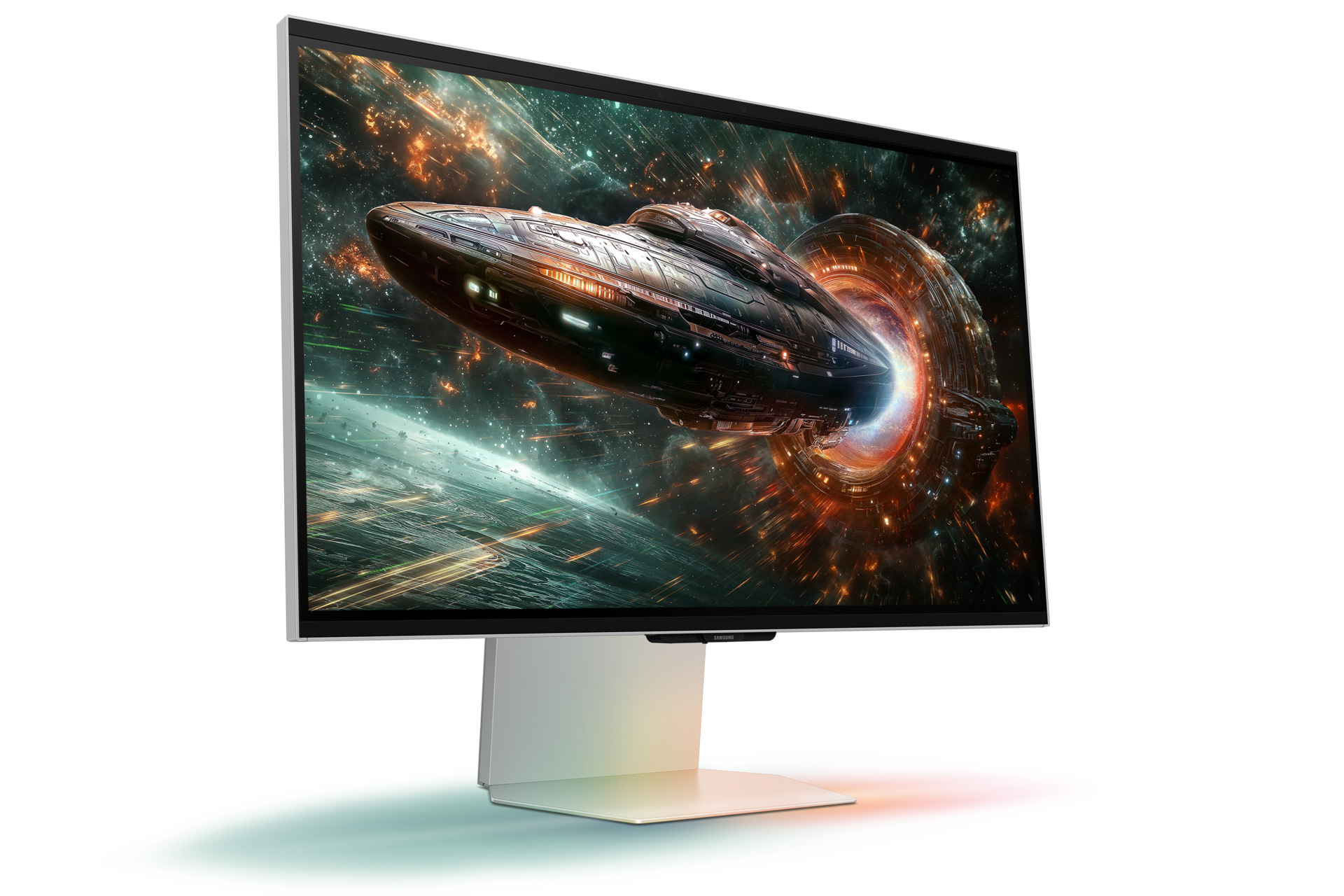 Monitor wyświetlający statek kosmiczny wchodzący w portal w kosmosie. Biała podstawa. Czarne tło.