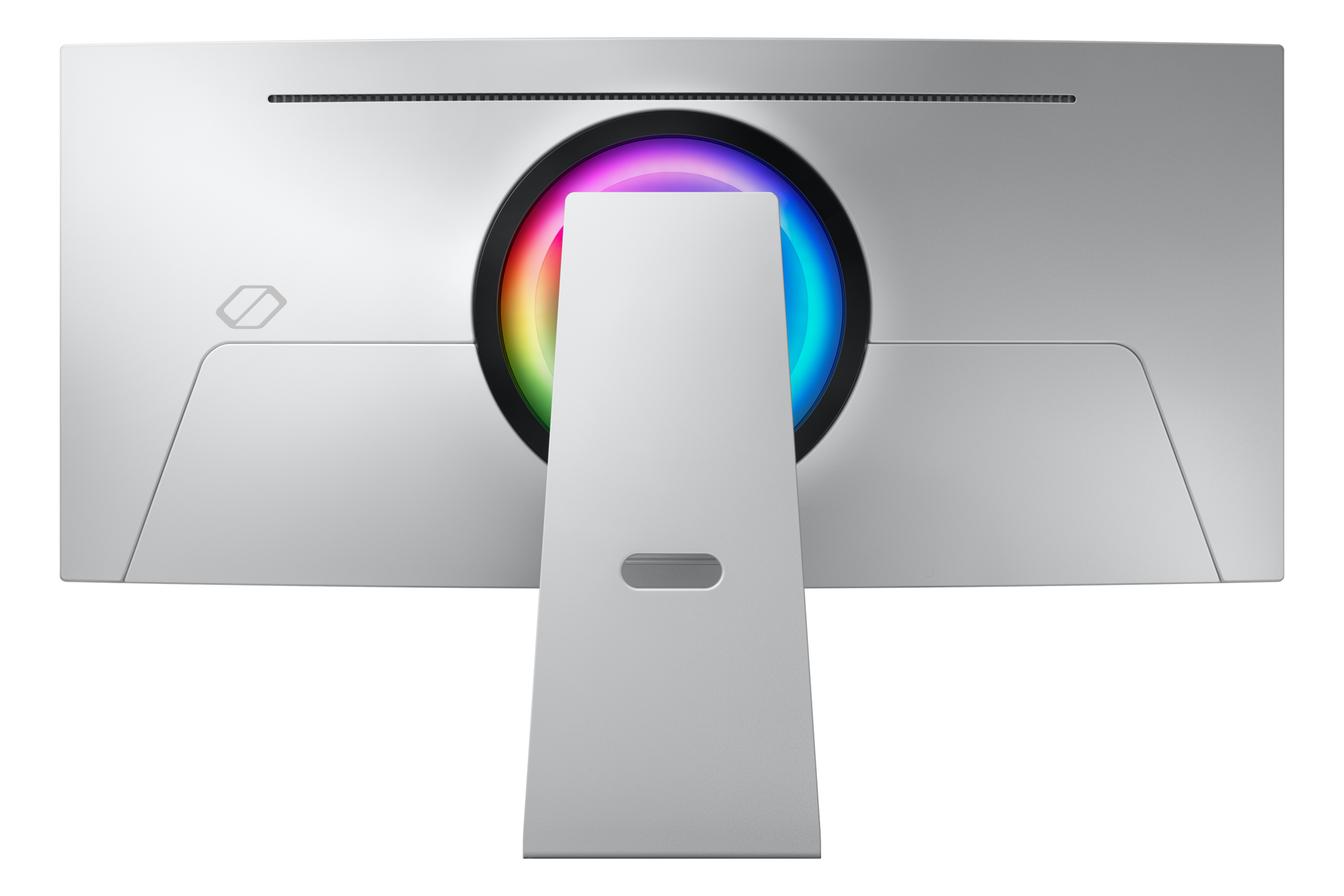 Tył srebrnego monitora. Centralna podstawa. Okrągły, podświetlony pierścień z tęczowymi kolorami. Czarne tło.