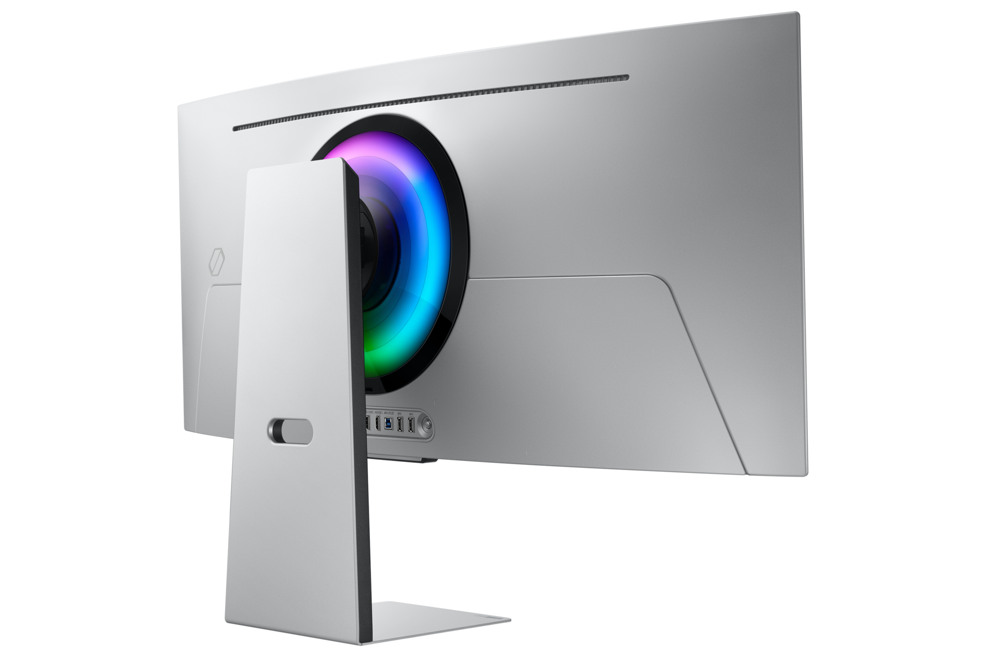 Tył srebrnego monitora komputera z pierścieniem LED, pokazujący porty i stojak.