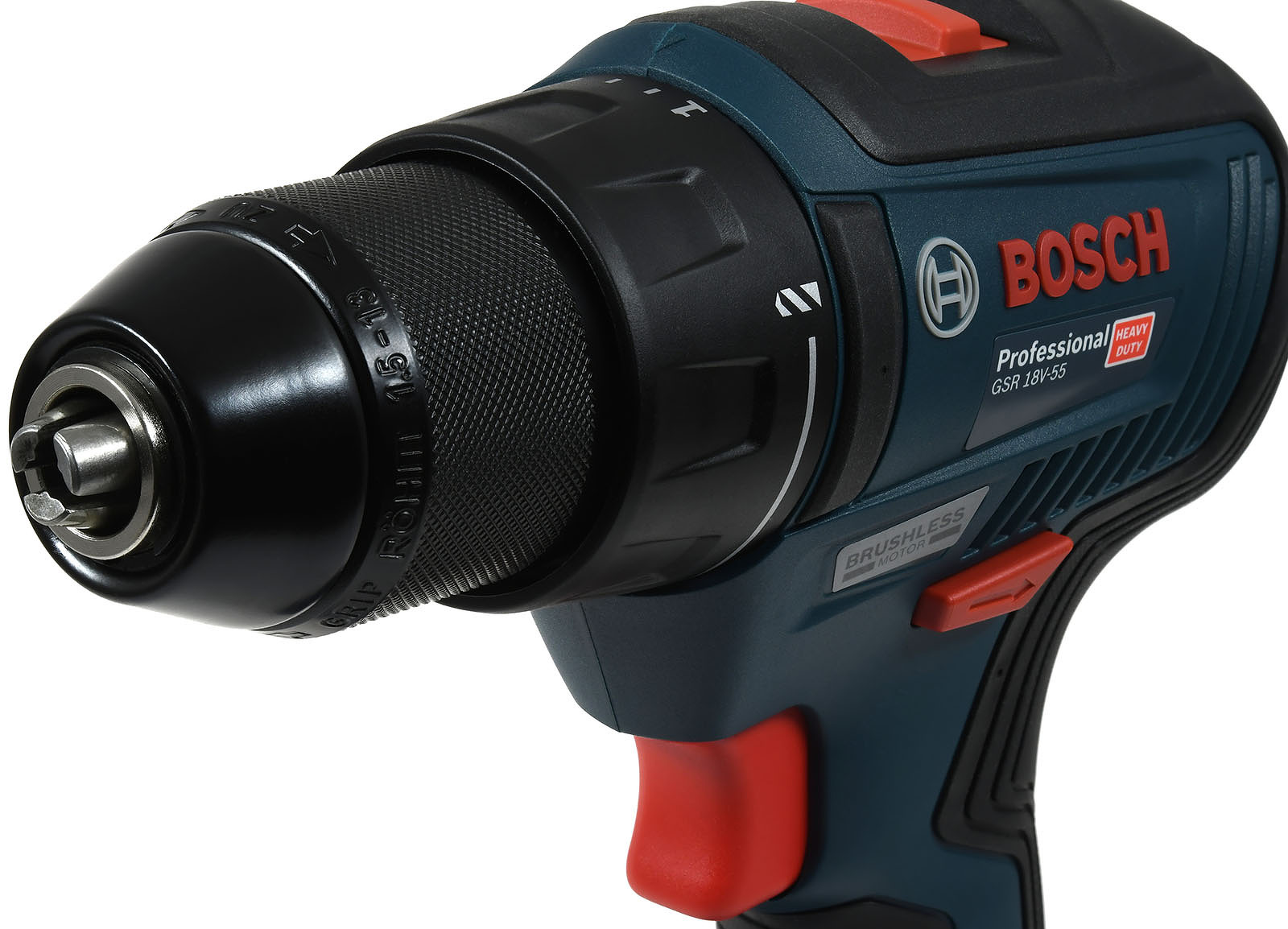 Taladro Bosch azul y negro. Detalles rojos en el mango e interruptor. Fondo blanco.