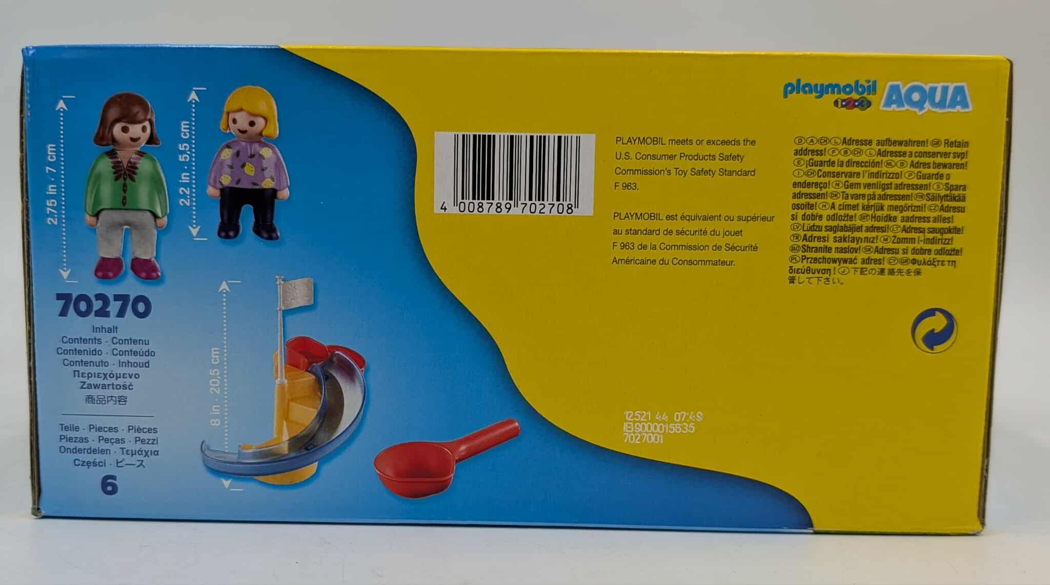 Playmobil Aqua-Set-Box. Enthält Figuren, eine Wasserrutsche und eine rote Boje. Text enthält Produktdetails und Sicherheitshinweise.