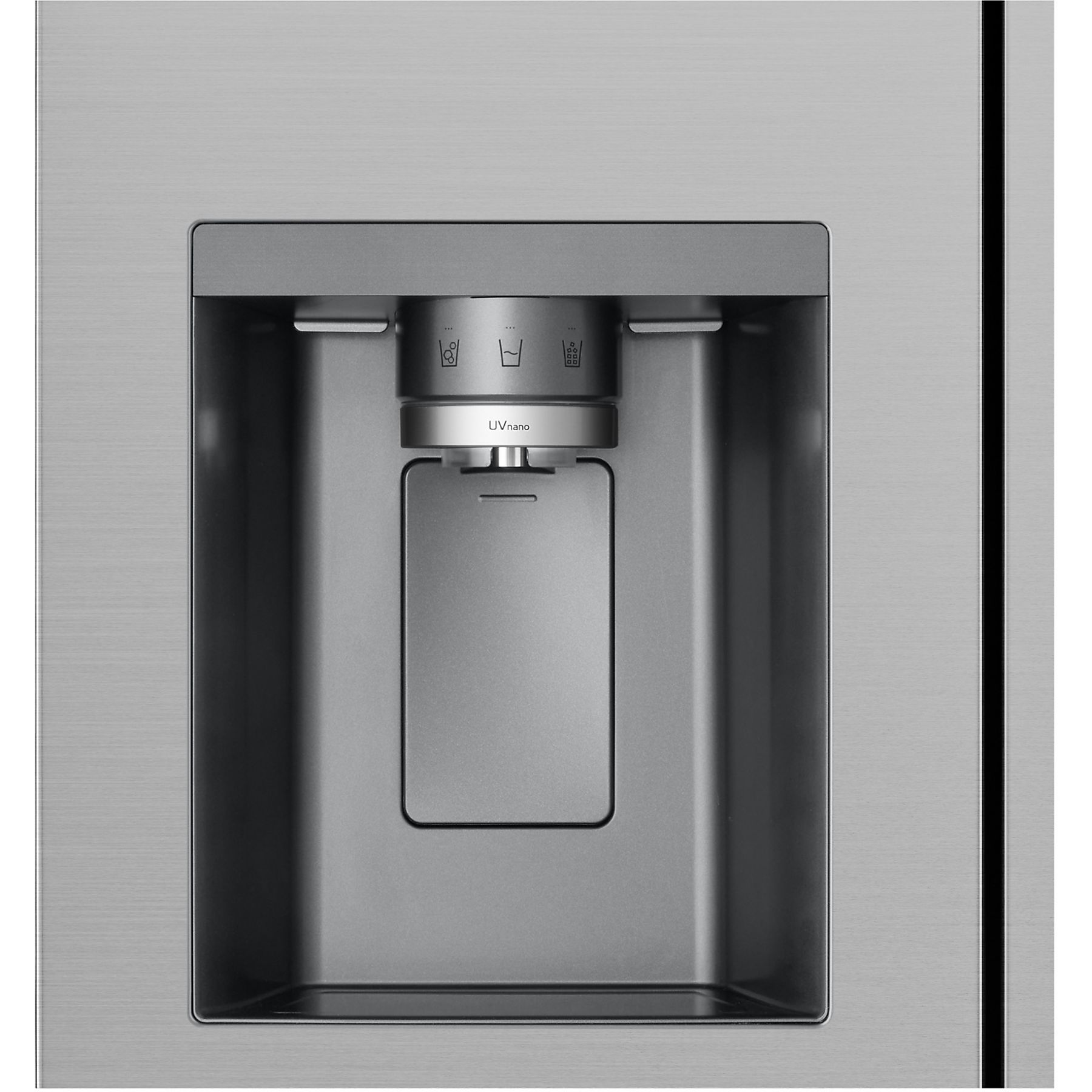 Edelstahl-Kühlschrank-Wasserspender. Symbole für Wasser und Eis. UV-Nano-Etikett. Quadratische Öffnung und rechteckiges Fach.