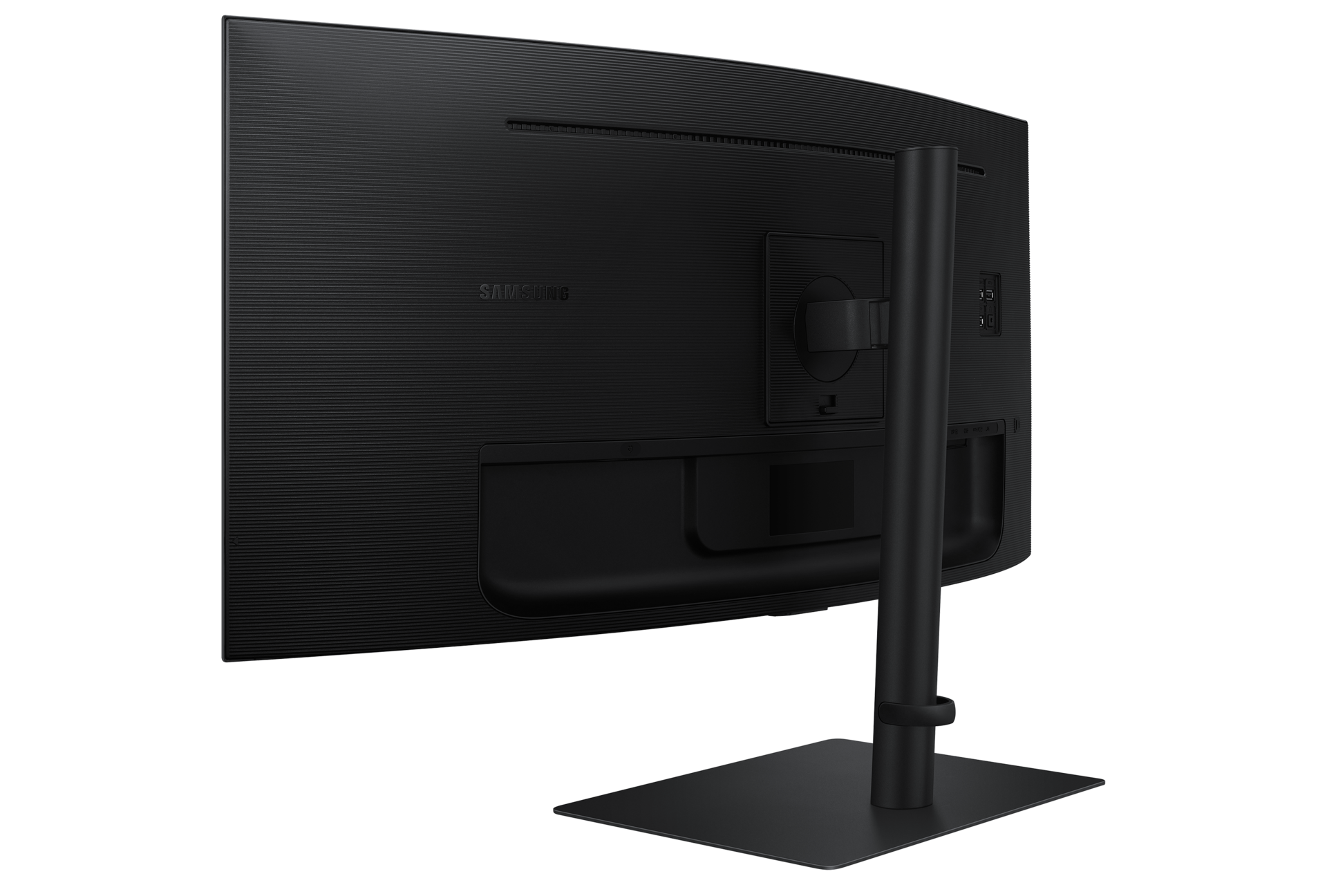 Widok z tyłu czarnego monitora Samsung. Posiada podstawę, porty i logo Samsung. Tło jest czarne.