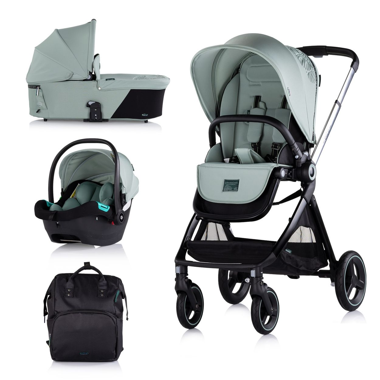 Grünes Kinderwagen-Set mit Tragetasche, Autositz und Wickeltasche. Alle Artikel sind grün und schwarz. Weißer Hintergrund.