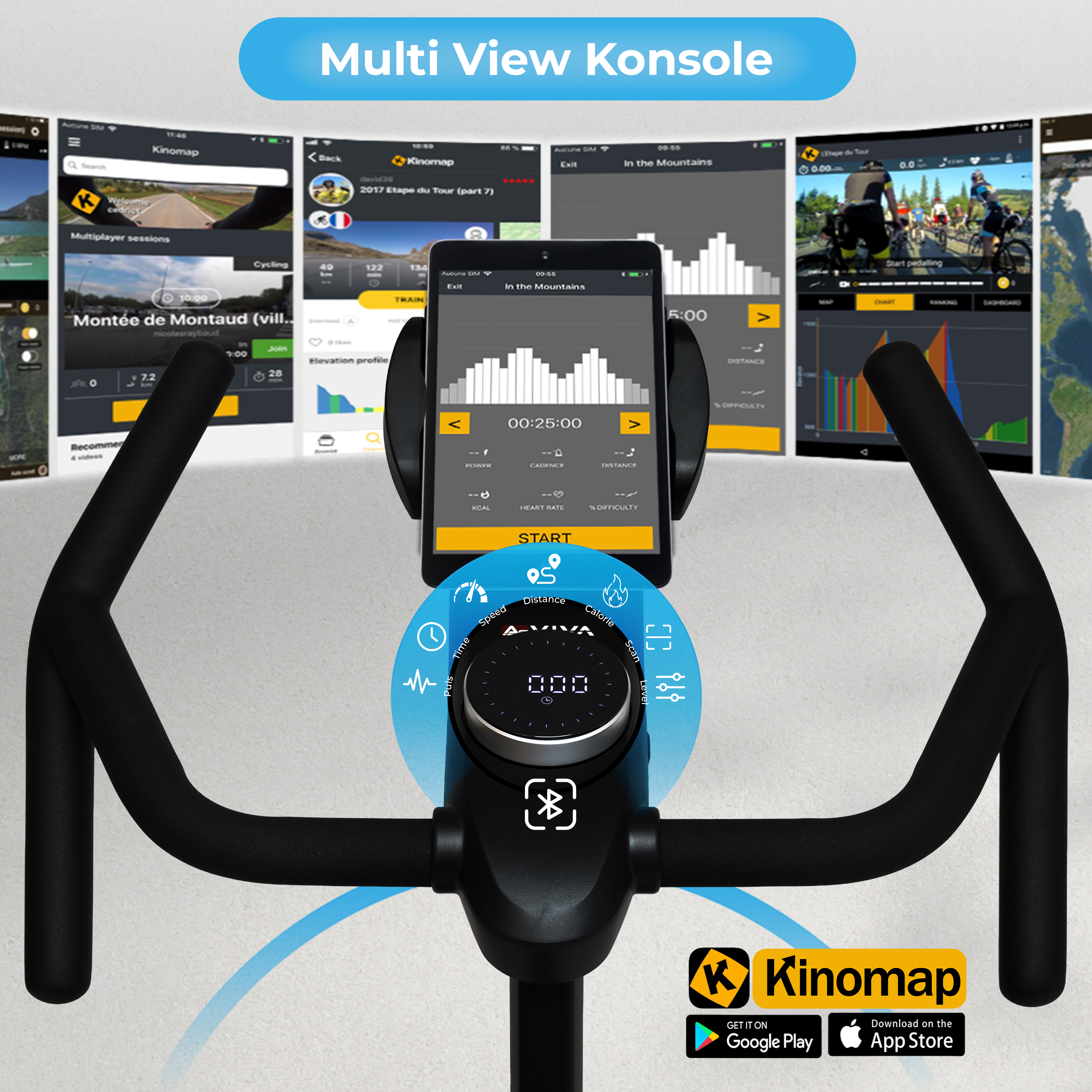 Heimtrainer-Konsole zeigt Kinomap-Oberfläche. Mehrere Bildschirme zeigen Fahrdaten, Karte und Leistungskennzahlen.