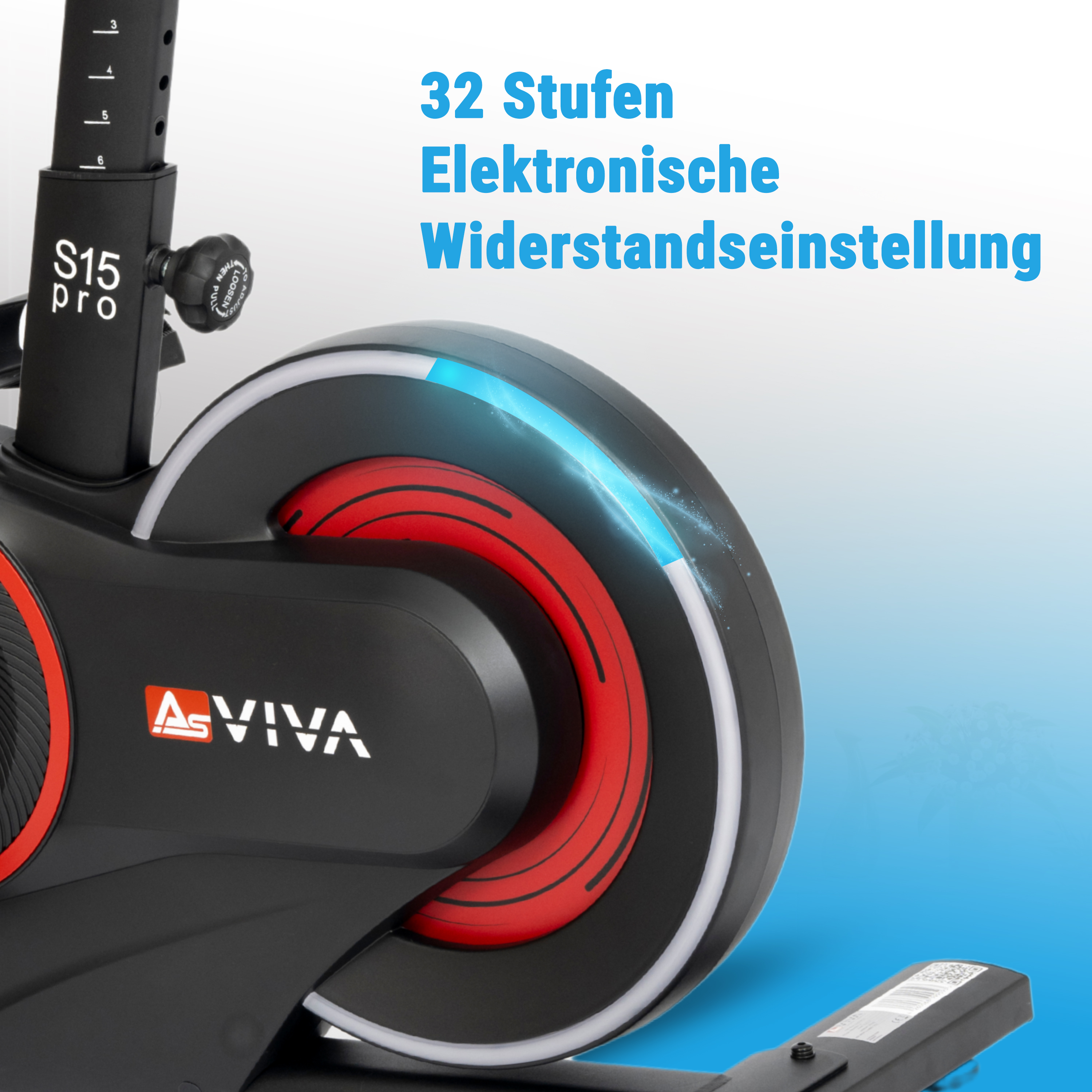 Nahaufnahme des Rades eines Heimtrainers. Schwarze und rote Farben sind prominent. Text hebt 'elektronische Widerstandseinstellung' hervor.