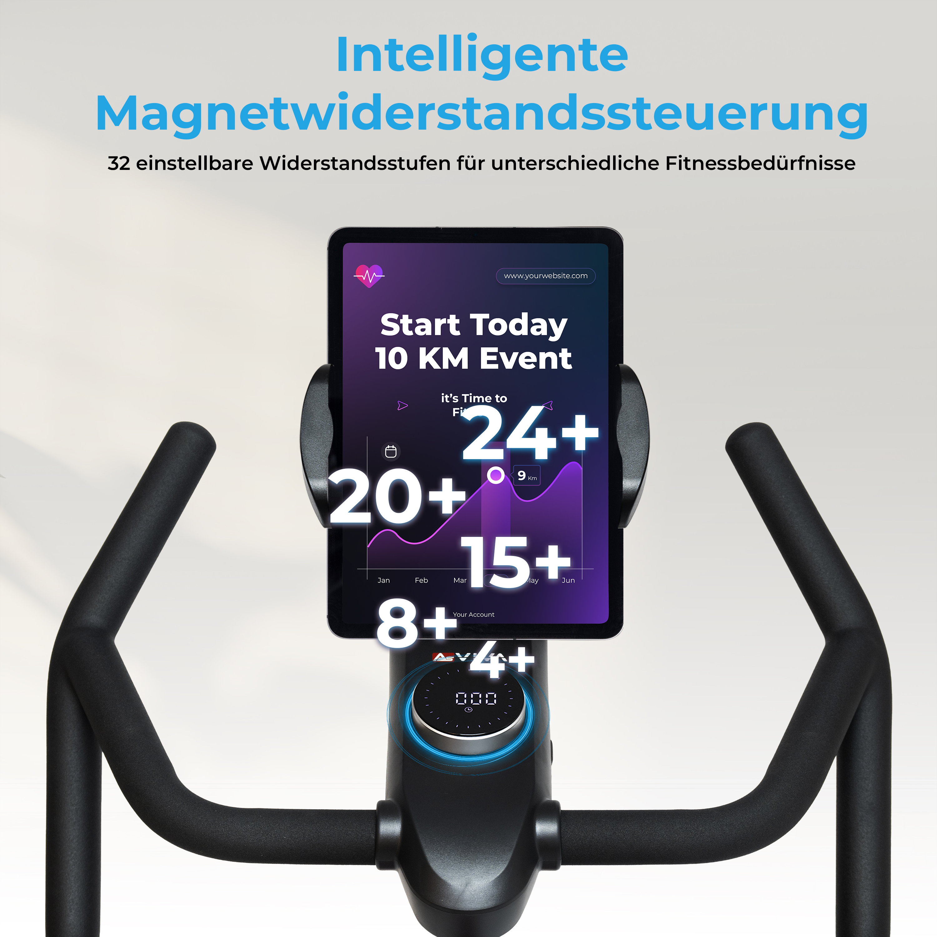 Tablet-Anzeige auf einer Heimtrainer-Konsole mit Fitnessdaten und Countdown für ein 10-KM-Event, mit Diagrammen.