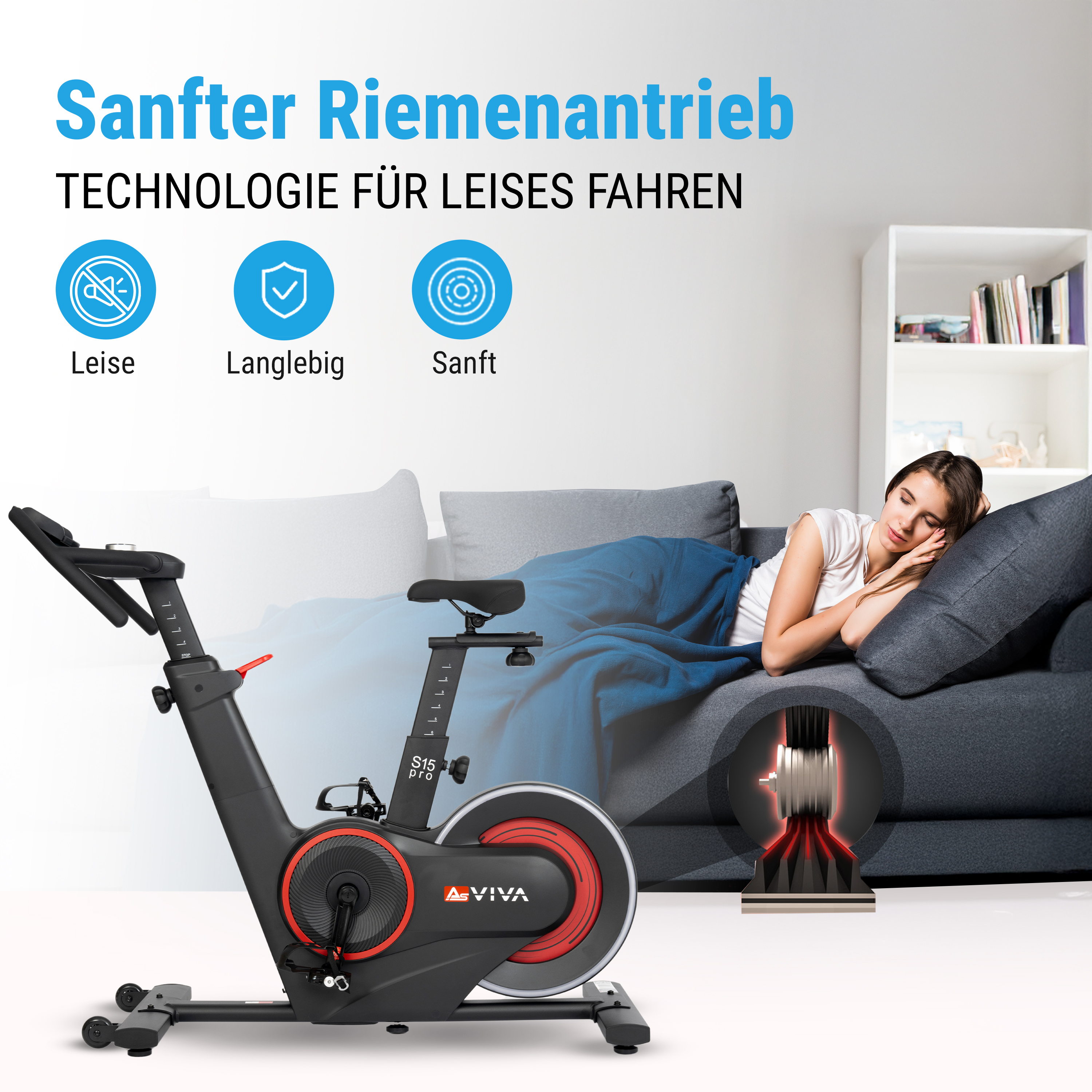 Heimtrainer mit schlafender Frau auf der Couch. Das Fahrrad ist schwarz und rot. Text sagt 'sanfter Riemenantrieb'.