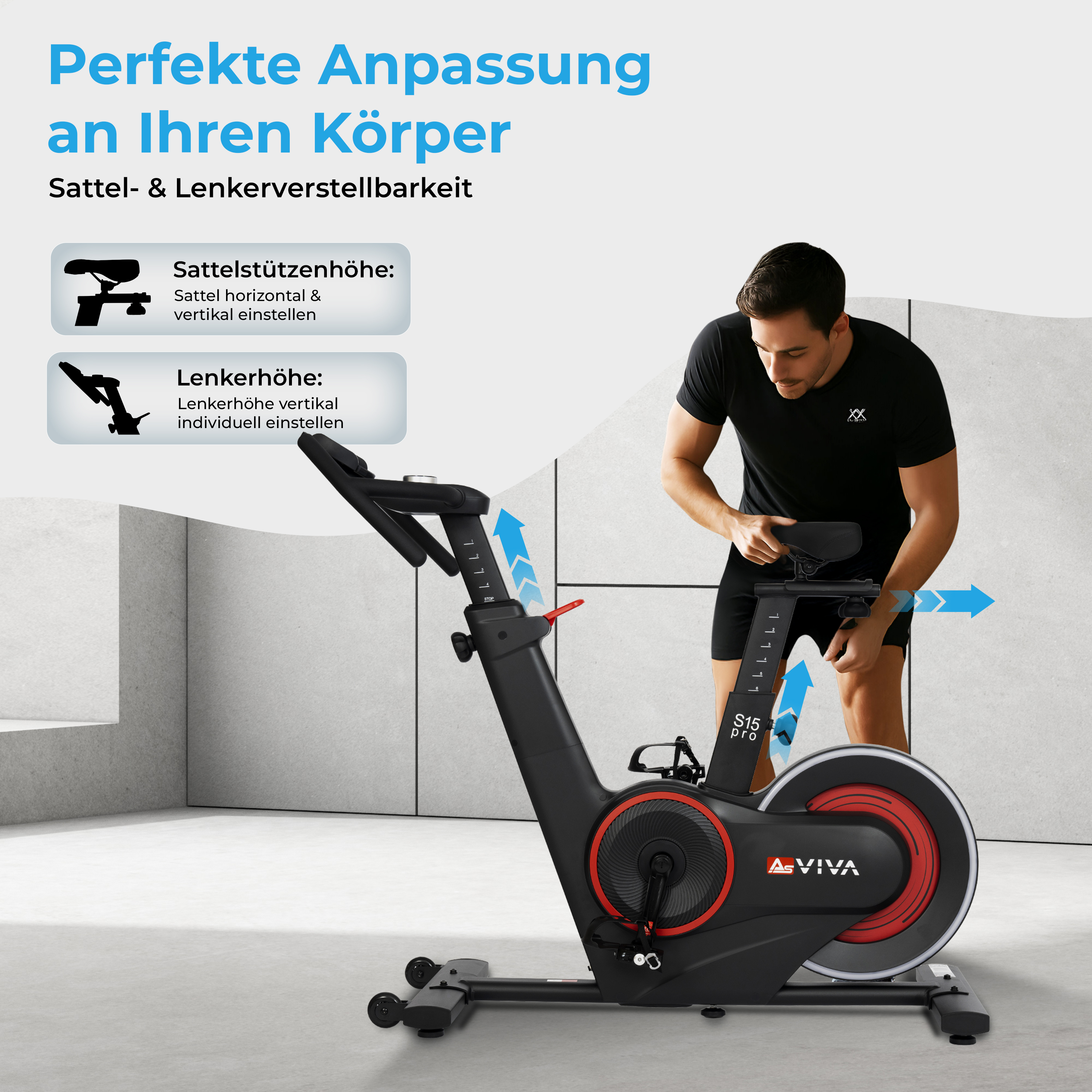 Mann justiert den Sitz eines Heimtrainers. Diagramme zeigen die Höhen- und Lenkereinstellbarkeit.