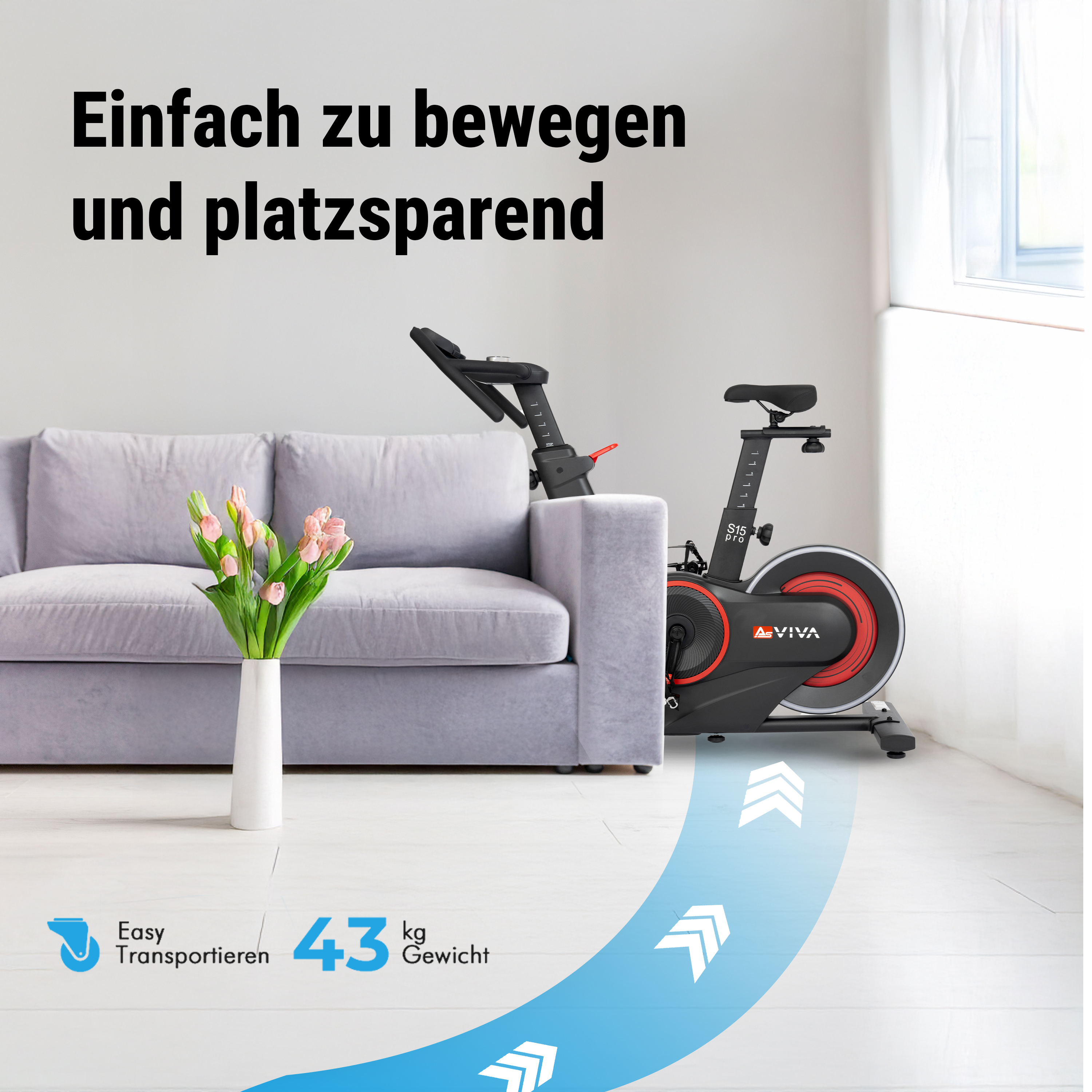 Heimtrainer in einem Raum mit Sofa, Blumenvase und Pfeilen, die einfachen Transport und Gewicht in Kilogramm anzeigen.