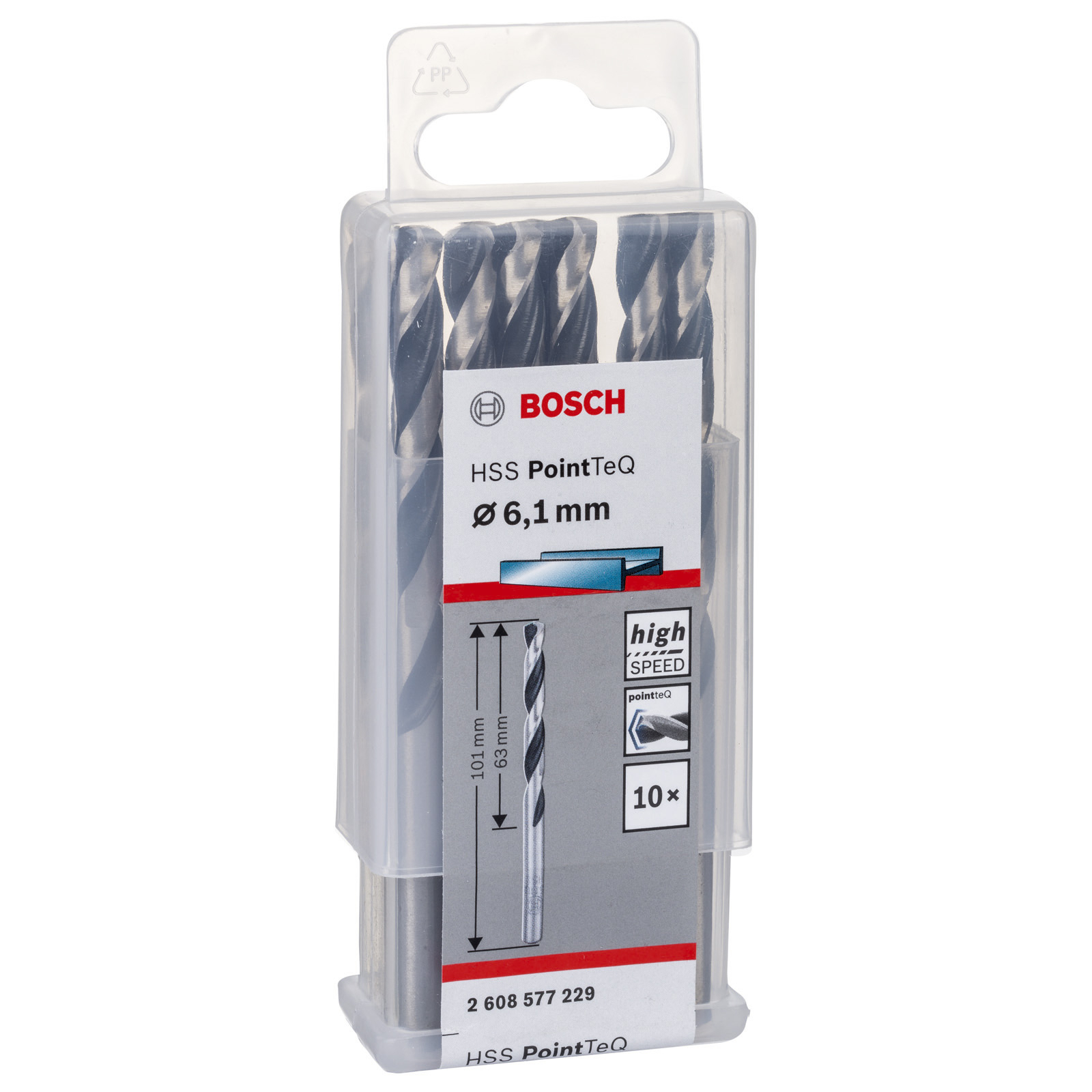 Bohrer-Set in klarer Kunststoffverpackung. Silber und schwarz. Bosch-Logo und High-Speed-Etikett. Zehn Bohrer.