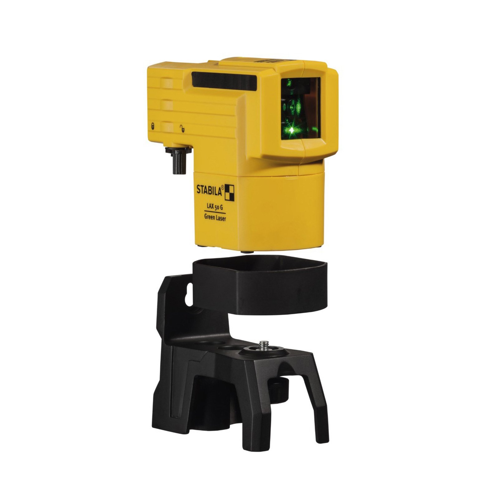 Żółto-czarny poziom laserowy z czarnym stojakiem.