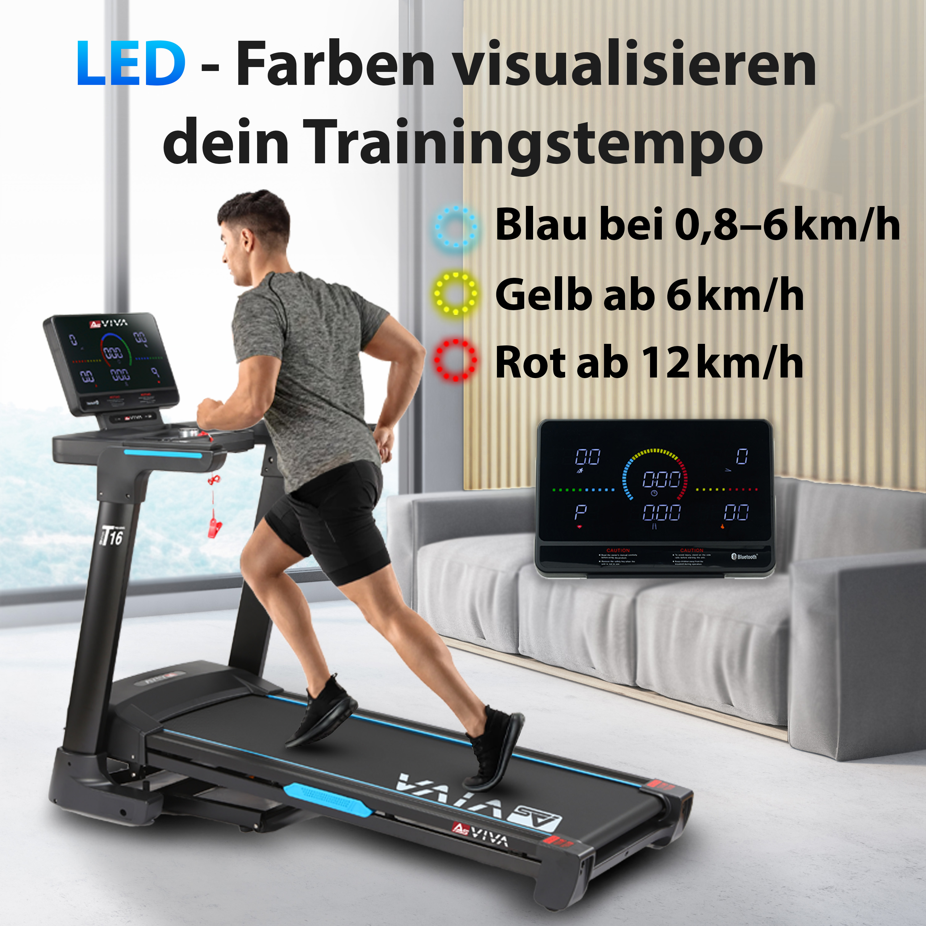 Ein Mann läuft auf einem Laufband mit LED-Geschwindigkeitsanzeigen; blau, gelb und rot zeigen das Trainingstempo an.