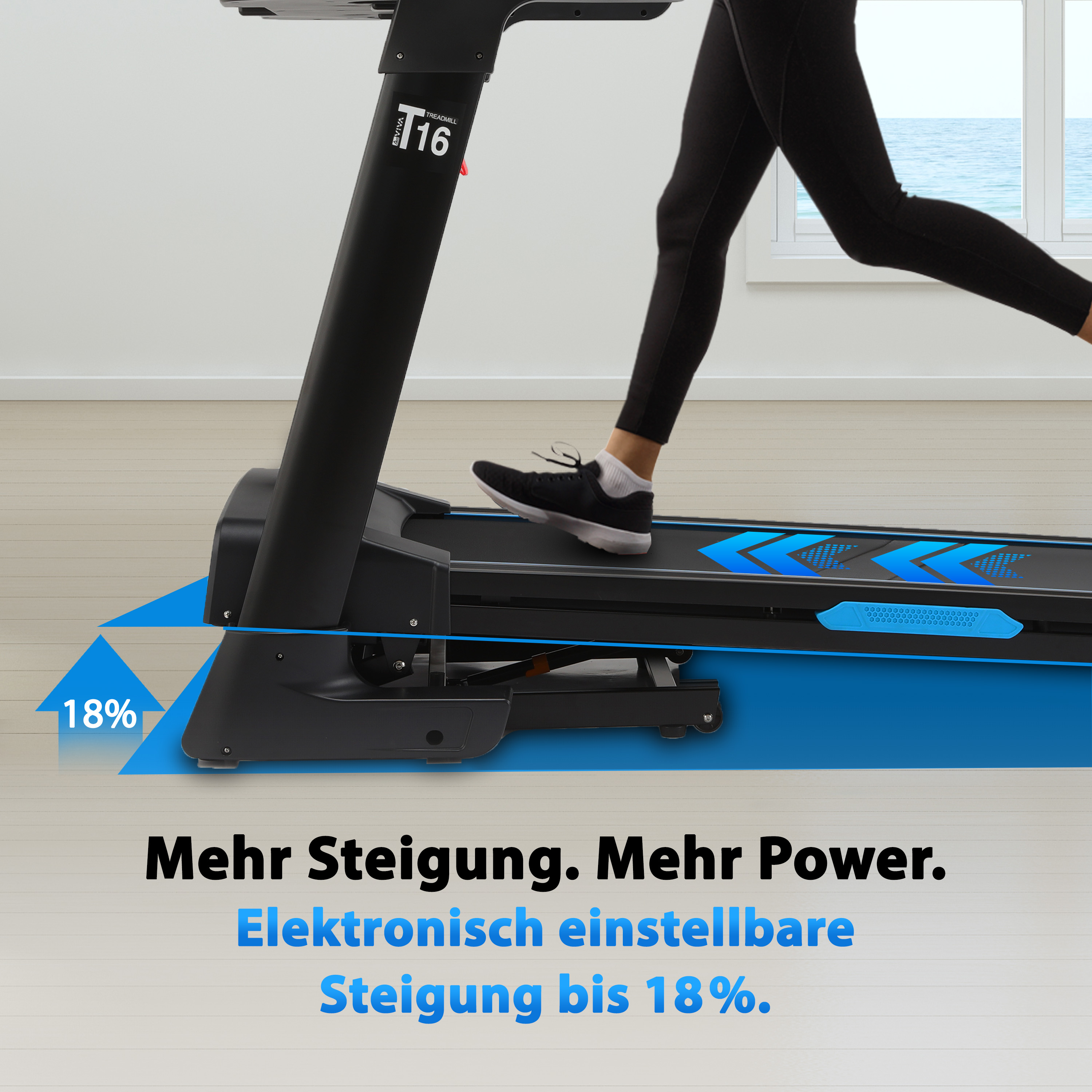 Eine Person läuft auf einem Laufband, das auf eine Steigung von 18 % eingestellt ist, und hebt die elektronische Verstellbarkeit und Leistung hervor.